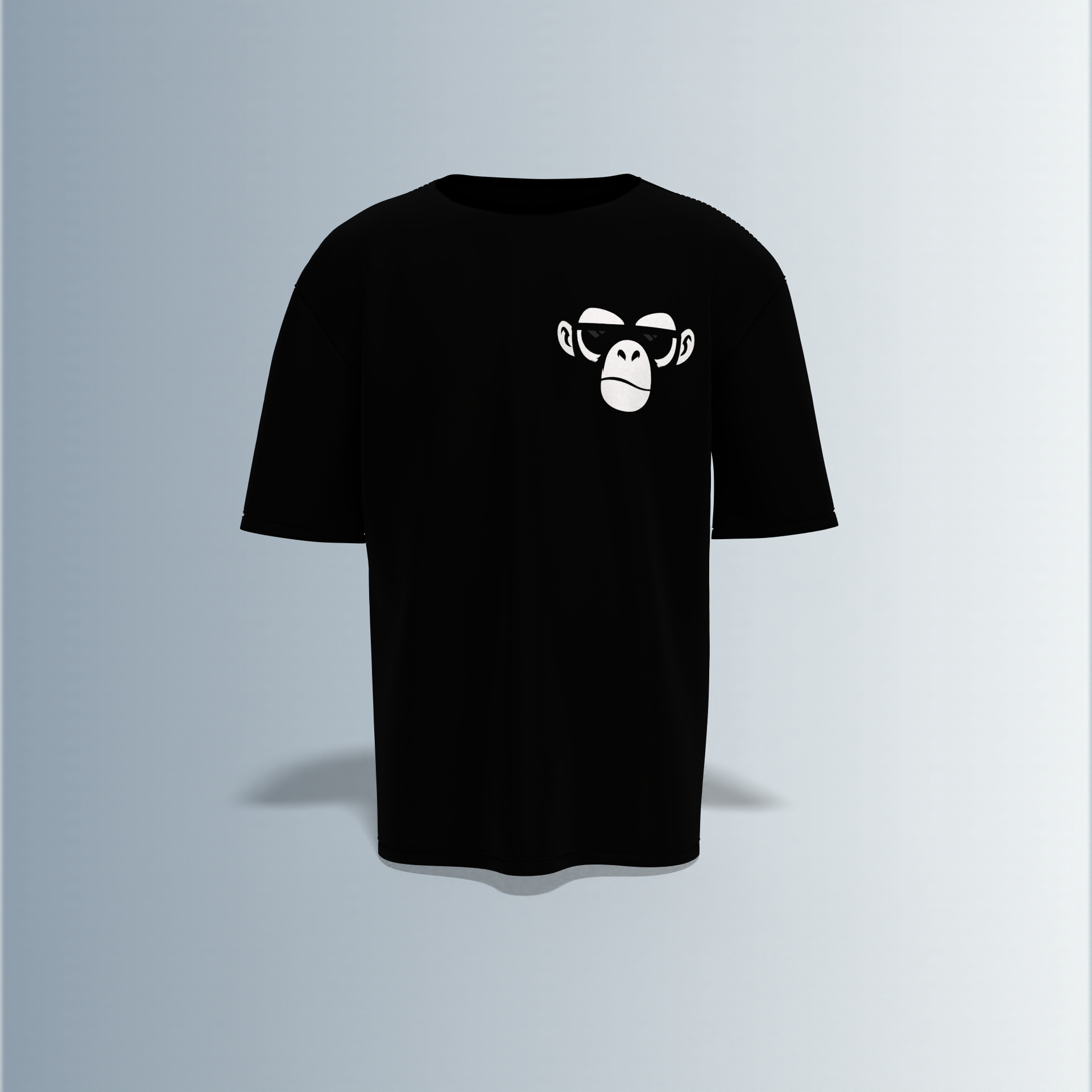 "Oversized Silence Graphic Tee – Front Minimal Ape Face Print, Back Skeleton Trio with Bold Graffiti Typography, 'Never Lonely' and Abstract Star Accents"