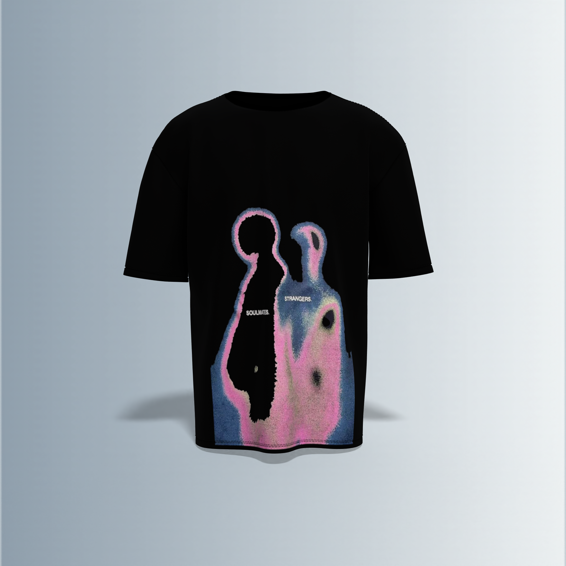 "Abstract Heatmap Silhouette T-Shirt Featuring Dual Figures with 'SOULMATES' and 'STRANGERS' Text – Surreal Gradient Artwork for Conceptual Streetwear Style"