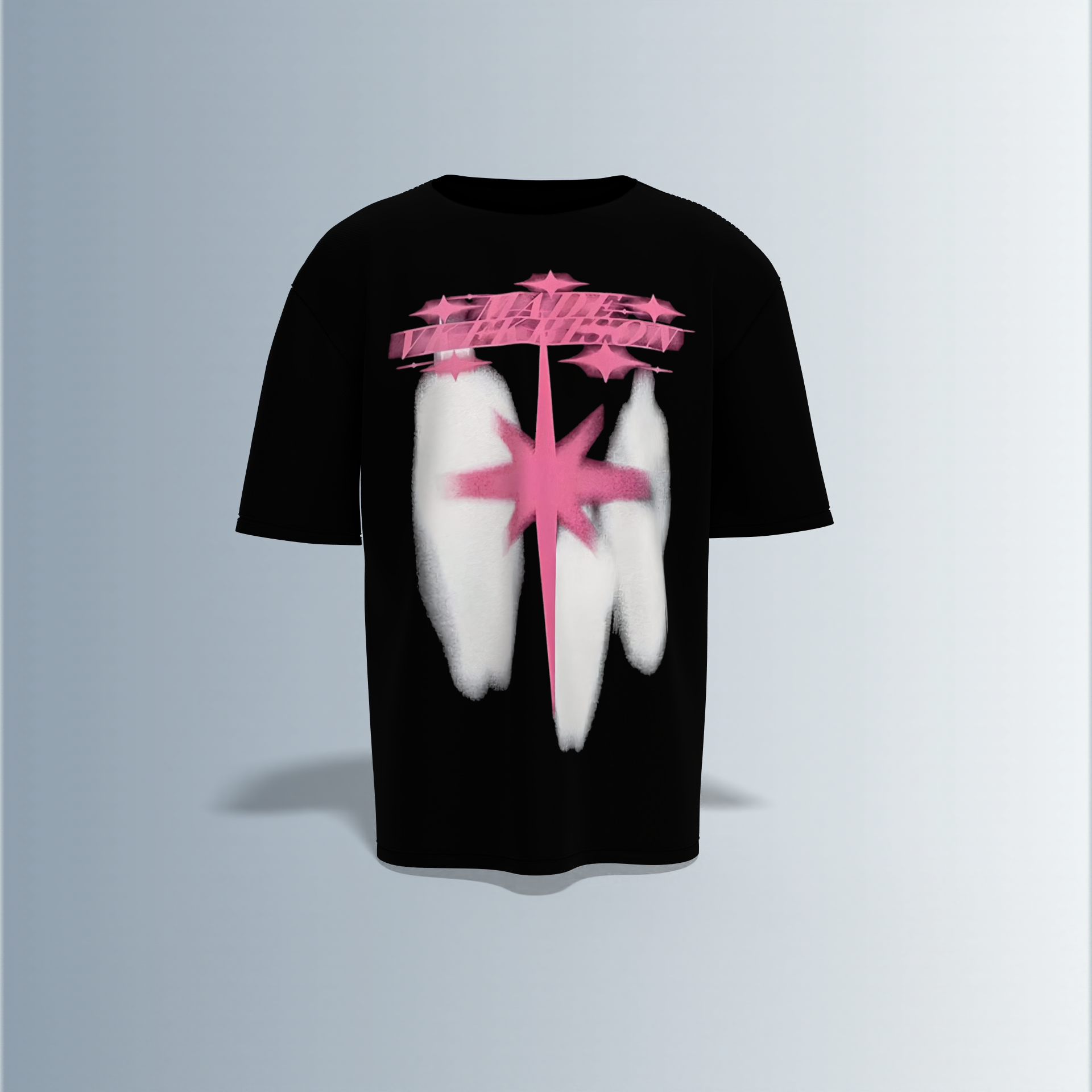 Oversized Graphic T-Shirt Featuring Bold Front Print with Abstract Pink Starburst, White Spray Paint Effects, and Stylized Graffiti Typography Across the Chest