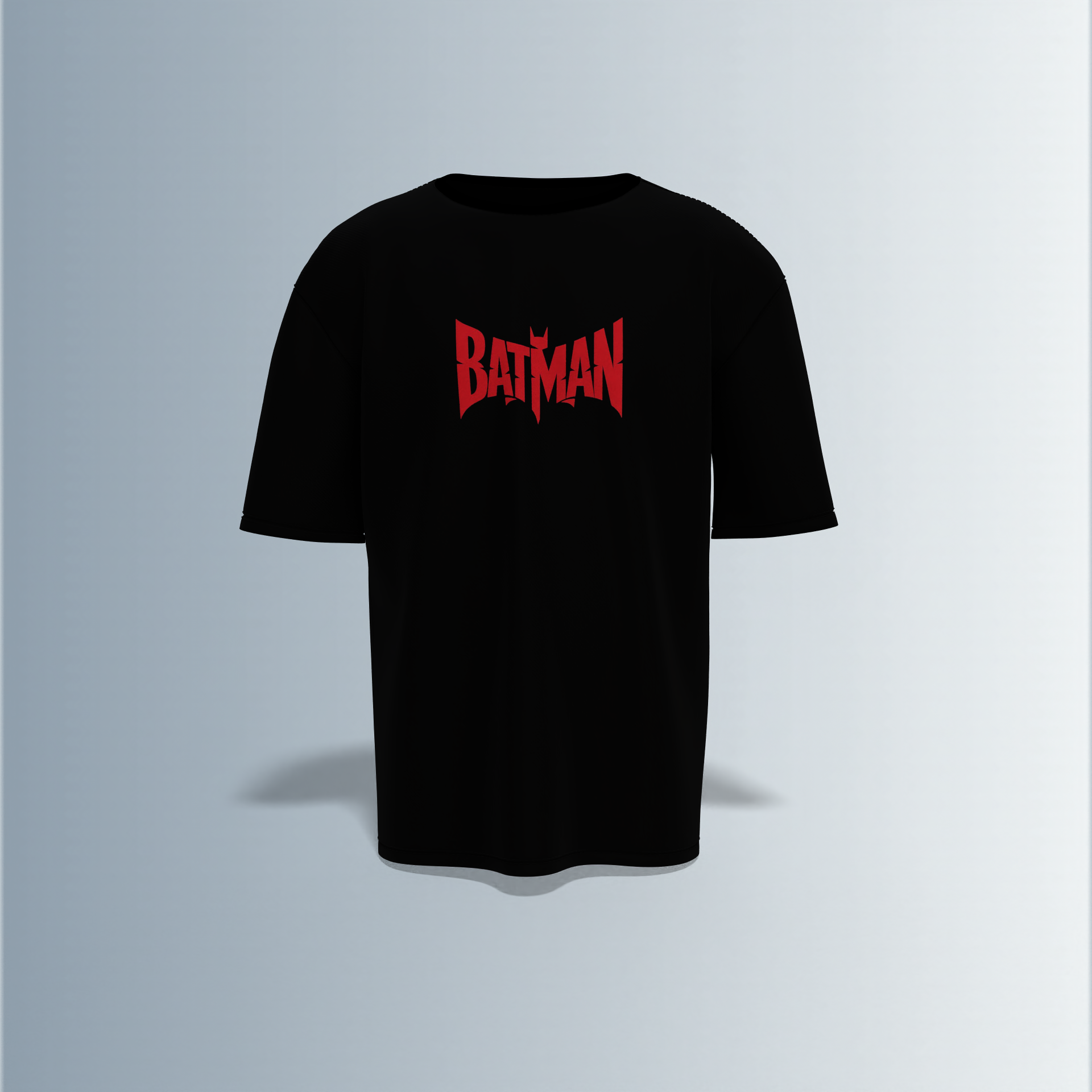 "Batman Graphic T-shirt Design with Bold Front Logo and Intricate Back Artwork"