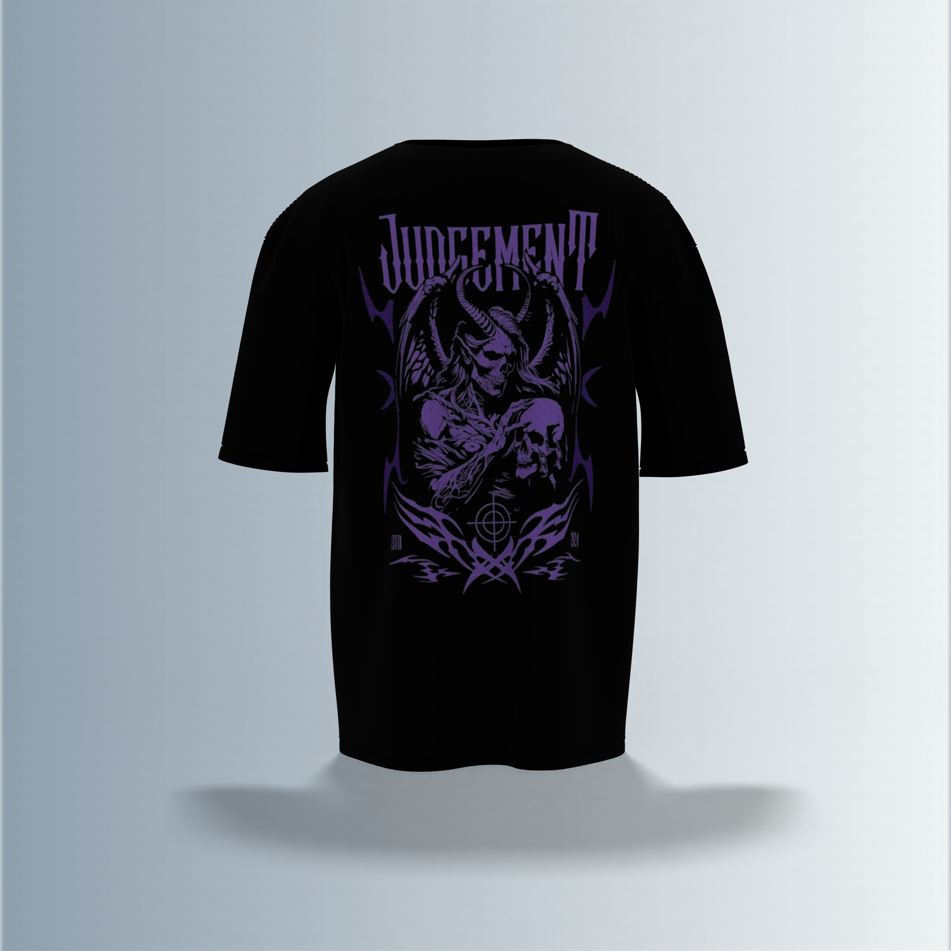 "Oversized Gothic Streetwear T-Shirt – Dark ‘Judgement’ Typography with Grim Reaper & Skull Graphic Artwork"