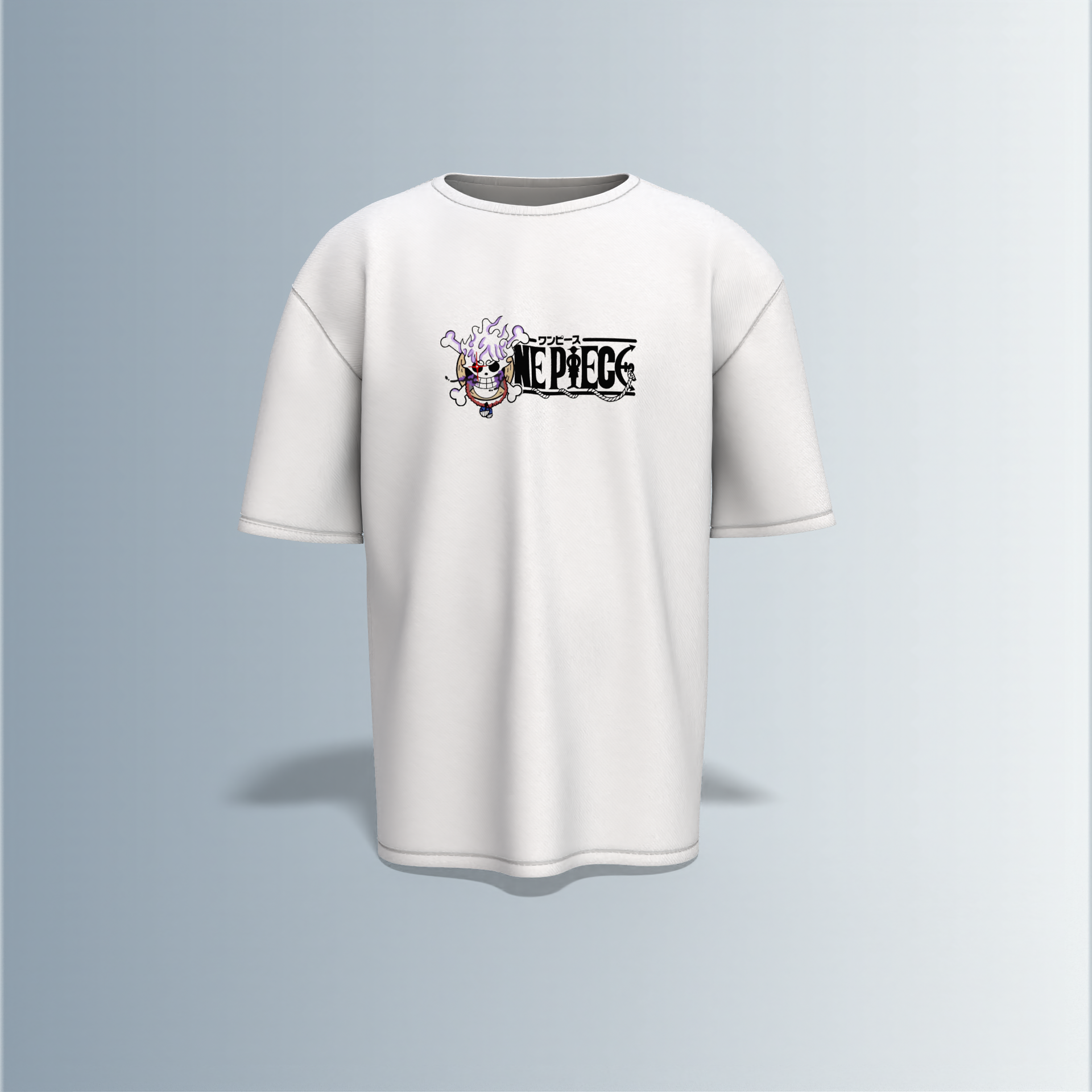 "Oversized Anime Graphic T-Shirt – ‘One Piece’ Throne Scene with Bold Japanese Typography & Iconic Luffy Chest Print"