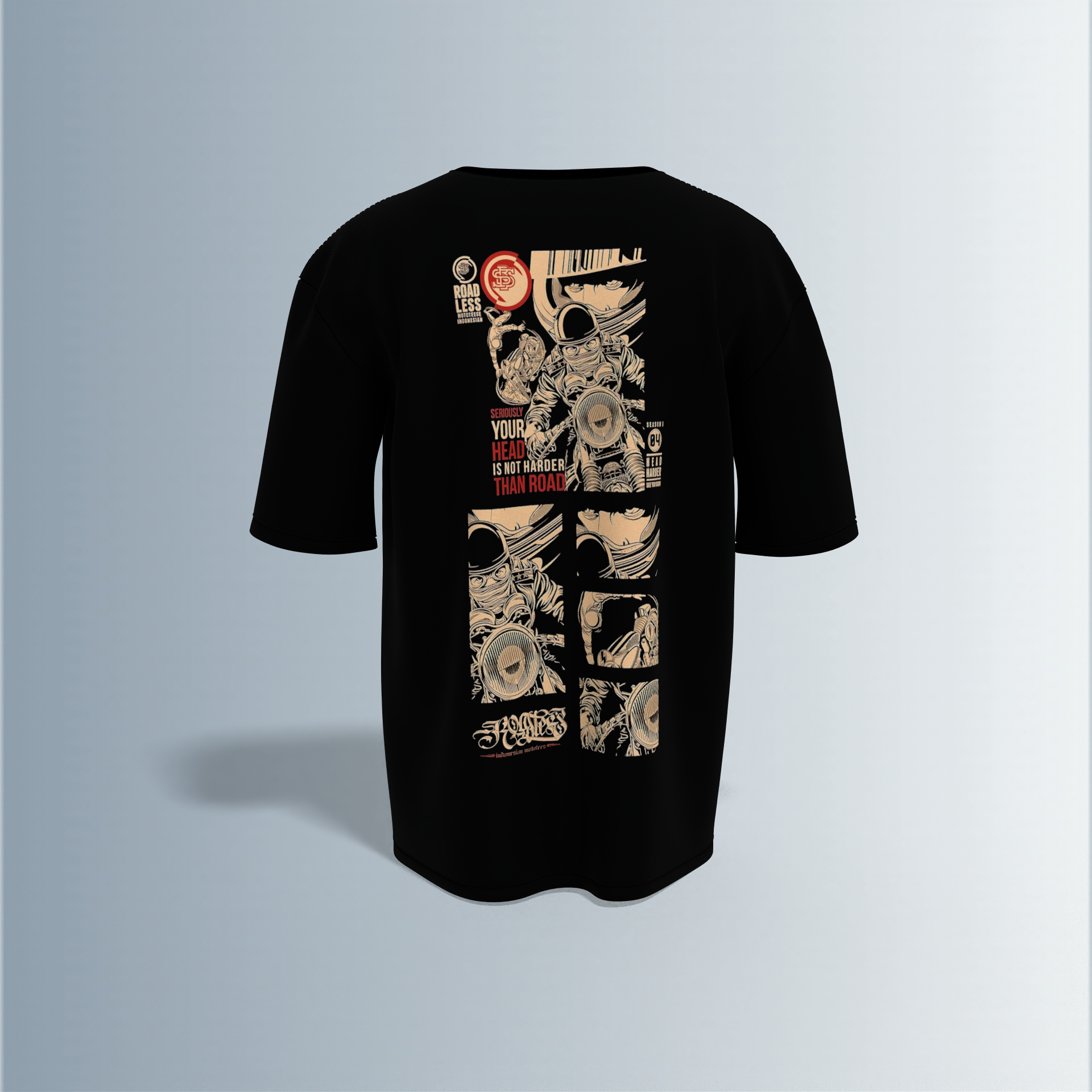 "Oversized Graphic Street Tee – Comic Panel Astronaut Art with Bold Quote ‘Your Head Is Not Harder Than Road’ in Grunge Beige & Red"