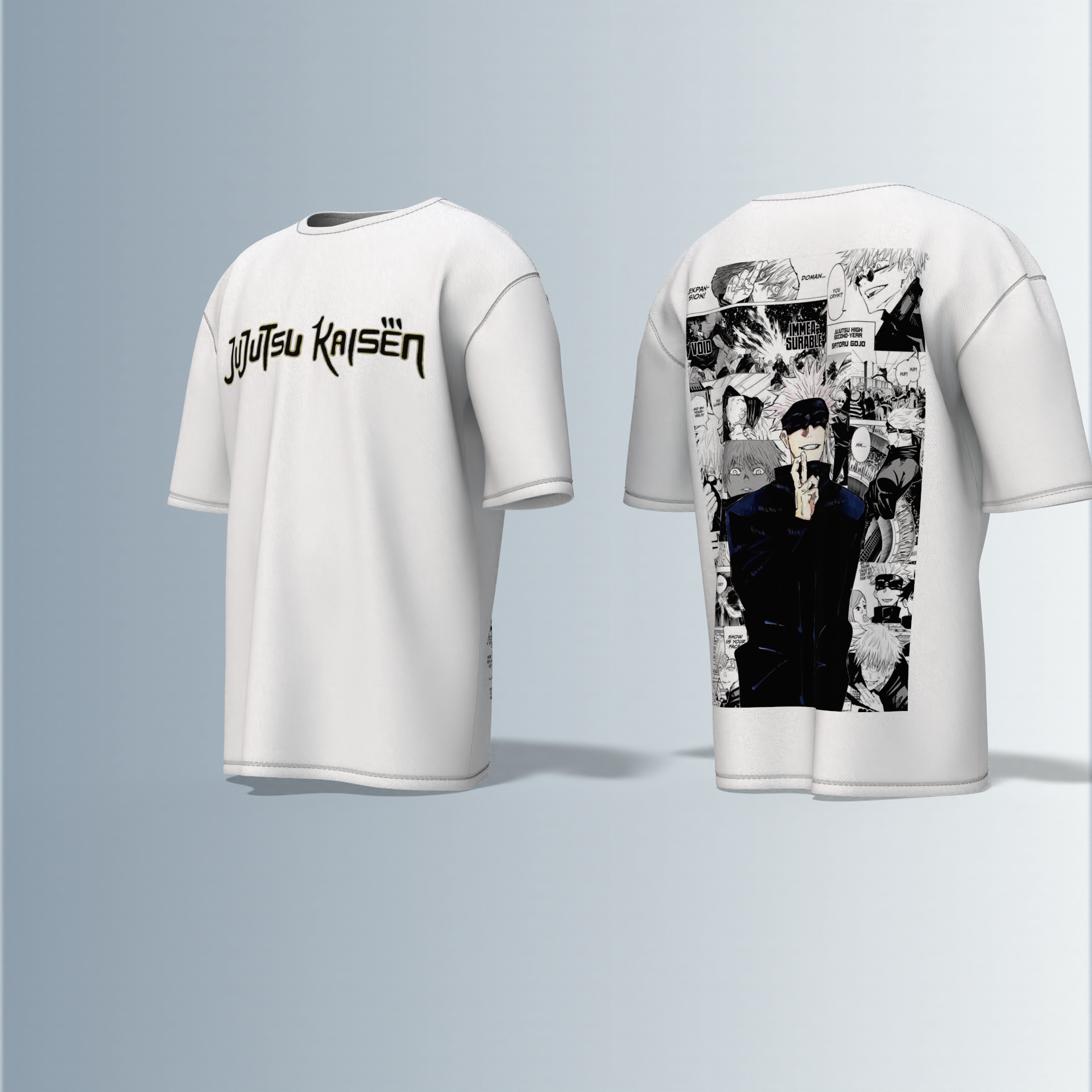 "Jujutsu Kaisen Oversized Tee – Front Logo Print & Back Manga Panel Graphic Featuring Satoru Gojo in Iconic Pose"