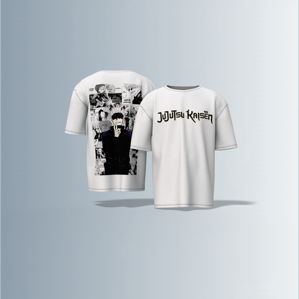 "Jujutsu Kaisen Oversized Tee – Front Logo Print & Back Manga Panel Graphic Featuring Satoru Gojo in Iconic Pose"