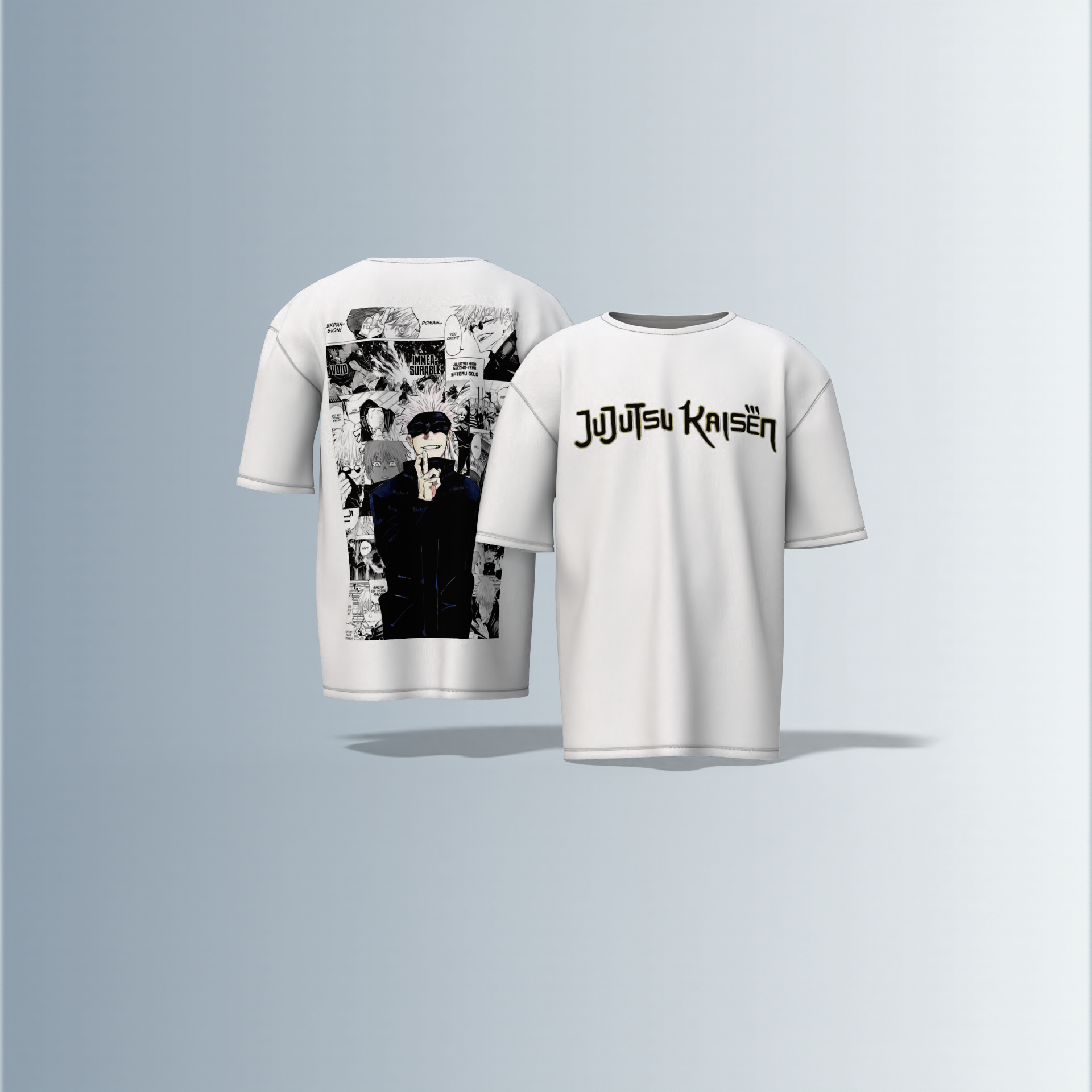 "Jujutsu Kaisen Oversized Tee – Front Logo Print & Back Manga Panel Graphic Featuring Satoru Gojo in Iconic Pose"