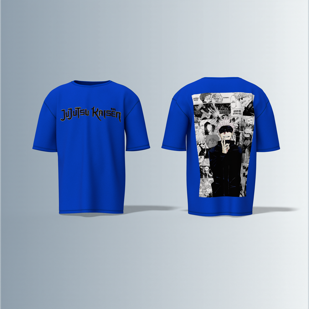 "Jujutsu Kaisen Oversized Tee – Front Logo Print & Back Manga Panel Graphic Featuring Satoru Gojo in Iconic Pose"