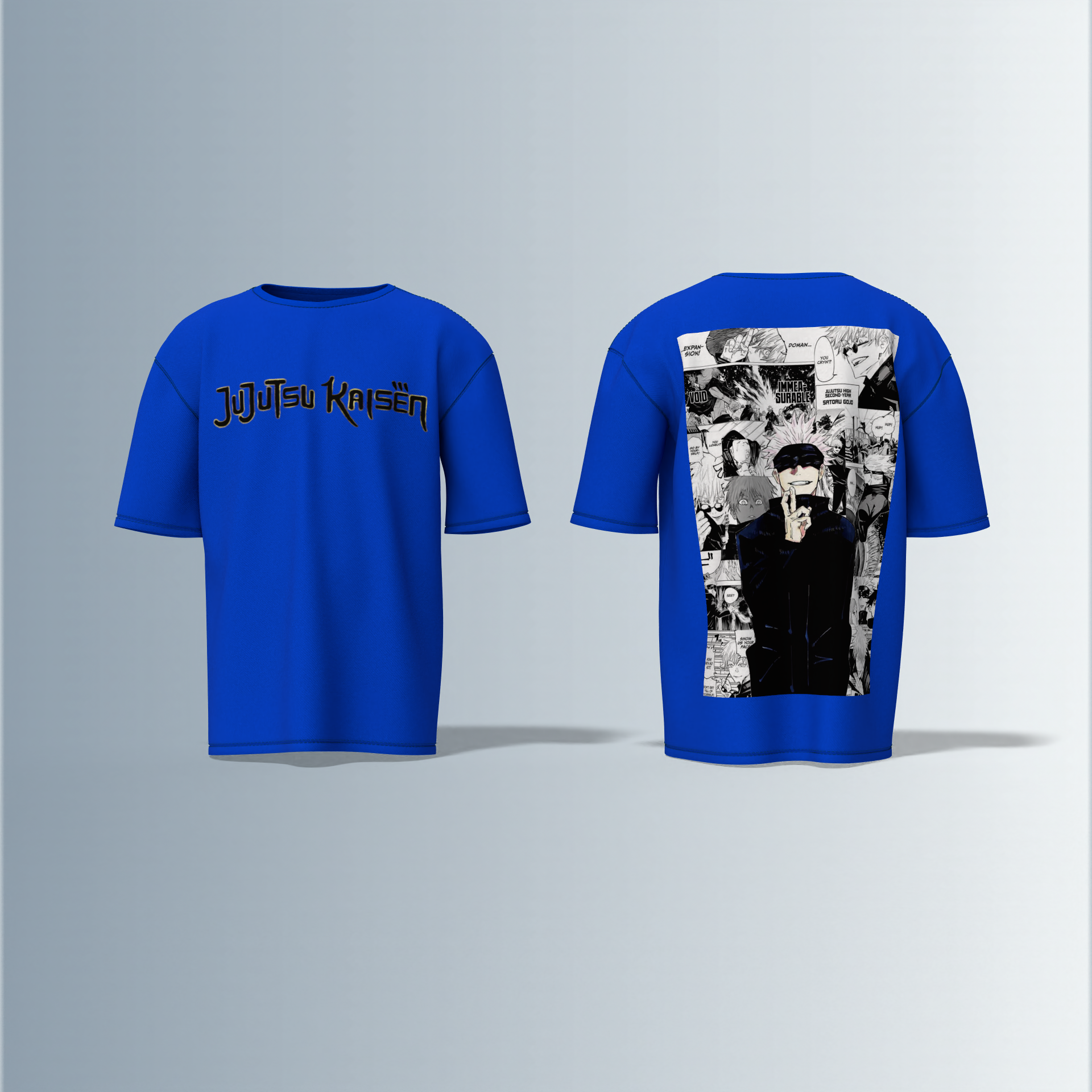 "Jujutsu Kaisen Oversized Tee – Front Logo Print & Back Manga Panel Graphic Featuring Satoru Gojo in Iconic Pose"