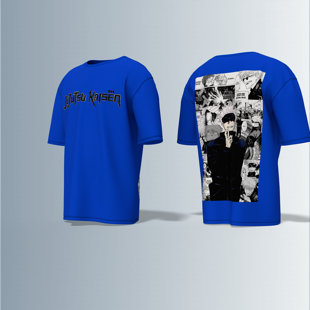 "Jujutsu Kaisen Oversized Tee – Front Logo Print & Back Manga Panel Graphic Featuring Satoru Gojo in Iconic Pose"