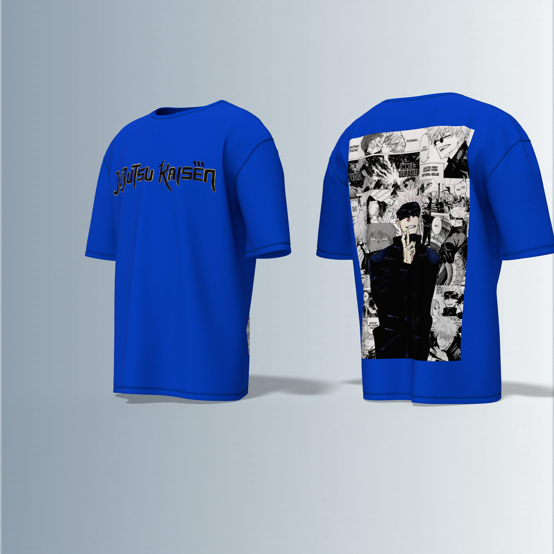 "Jujutsu Kaisen Oversized Tee – Front Logo Print & Back Manga Panel Graphic Featuring Satoru Gojo in Iconic Pose"