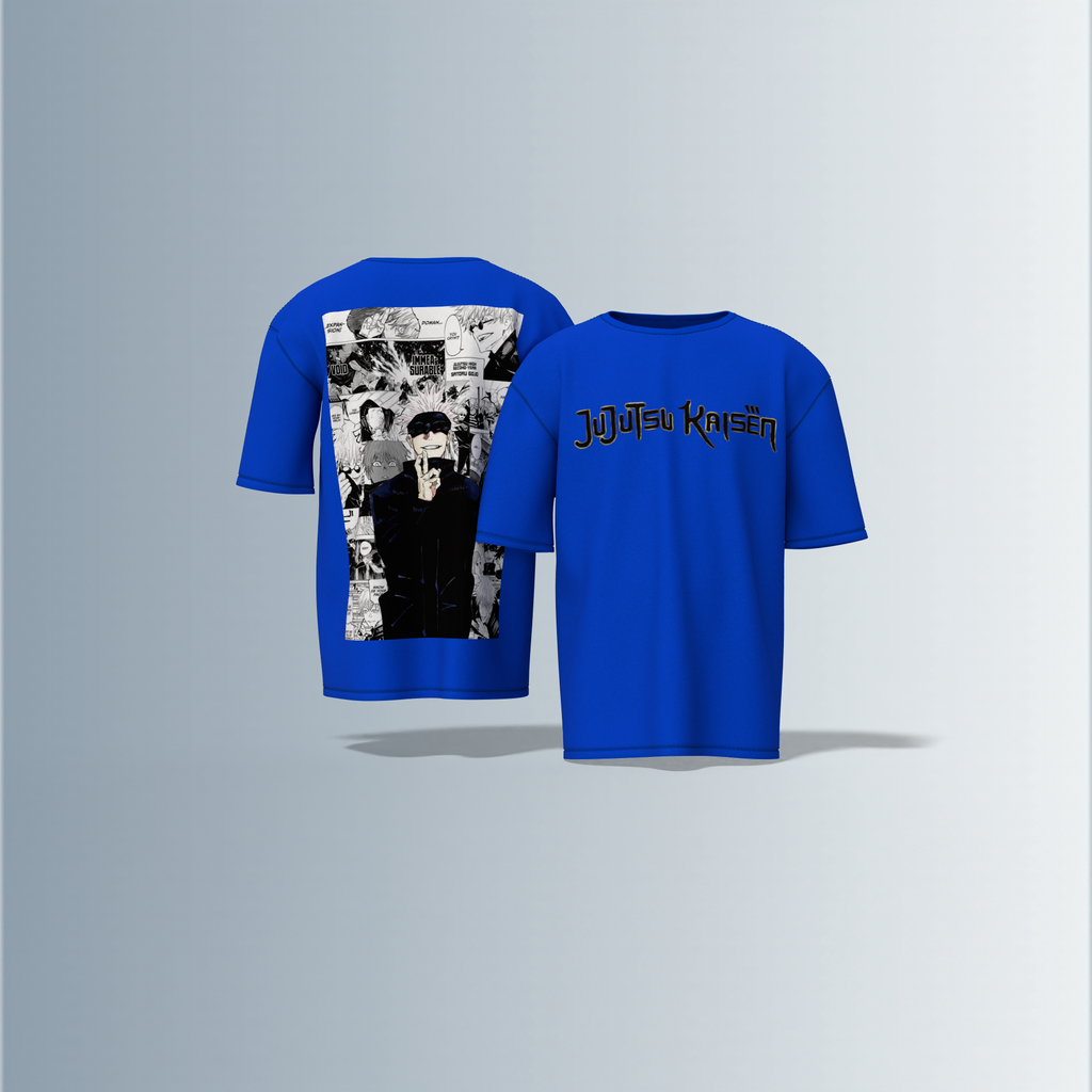 "Jujutsu Kaisen Oversized Tee – Front Logo Print & Back Manga Panel Graphic Featuring Satoru Gojo in Iconic Pose"