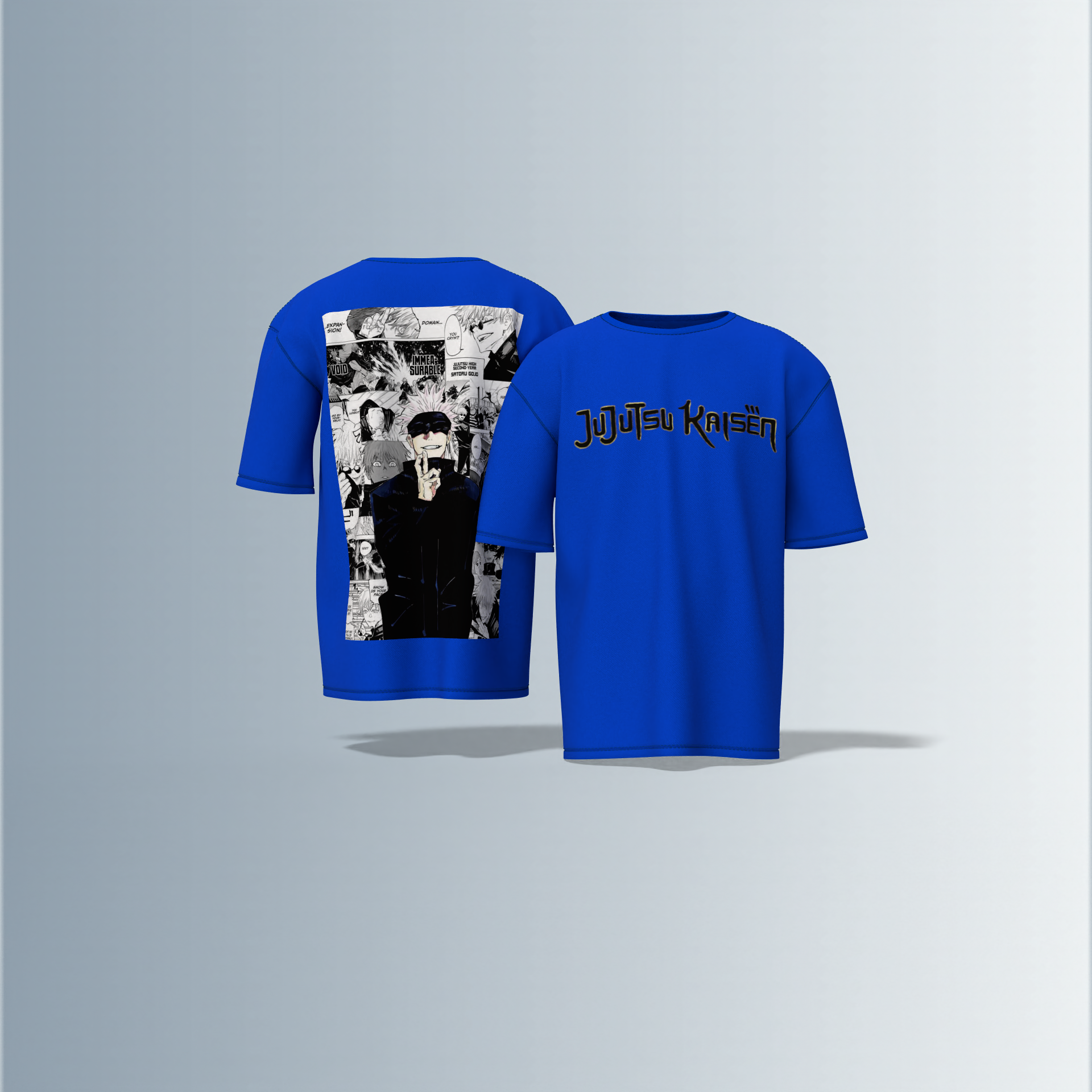 "Jujutsu Kaisen Oversized Tee – Front Logo Print & Back Manga Panel Graphic Featuring Satoru Gojo in Iconic Pose"