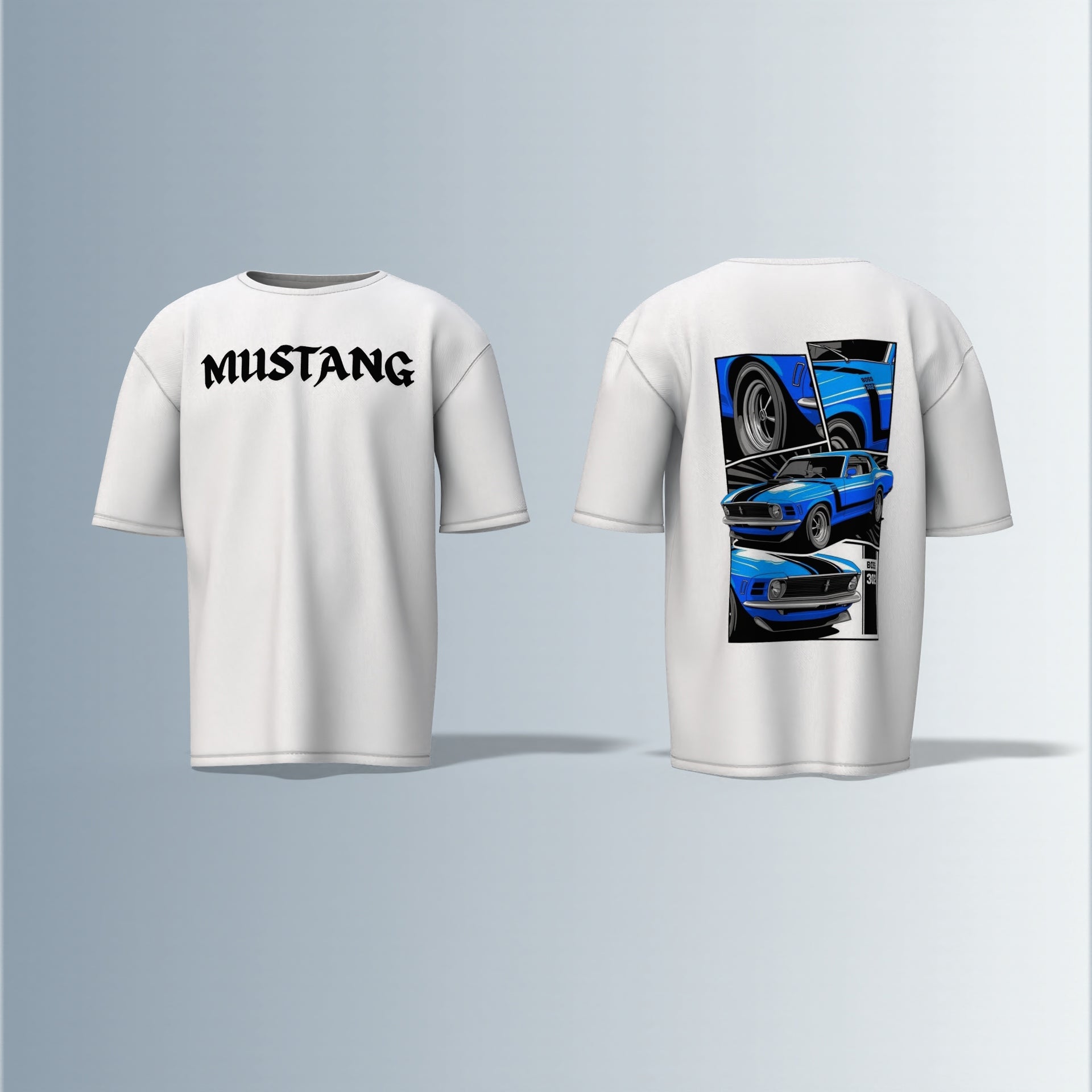 Vintage Mustang: Classic Blue 1970 Fastback – Retro Car Lovers Graphic Oversized T-shirt