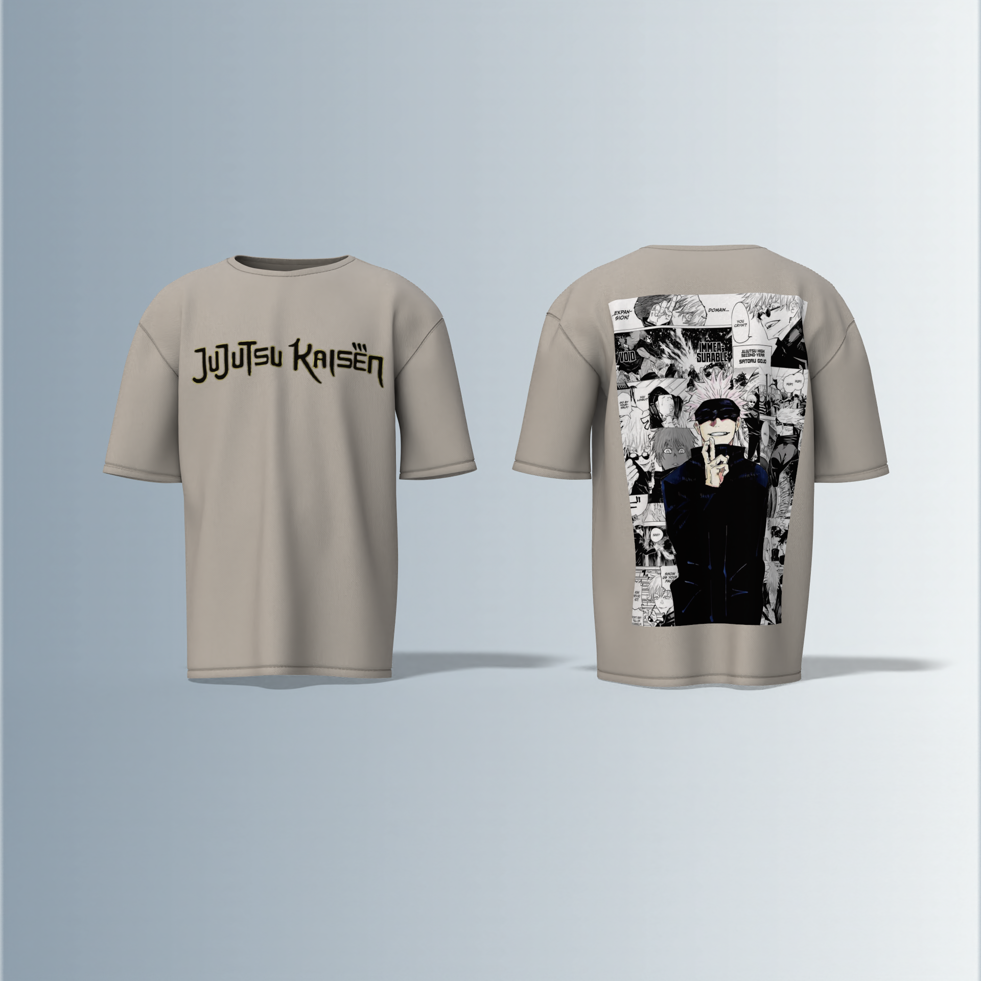 "Jujutsu Kaisen Oversized Tee – Front Logo Print & Back Manga Panel Graphic Featuring Satoru Gojo in Iconic Pose"