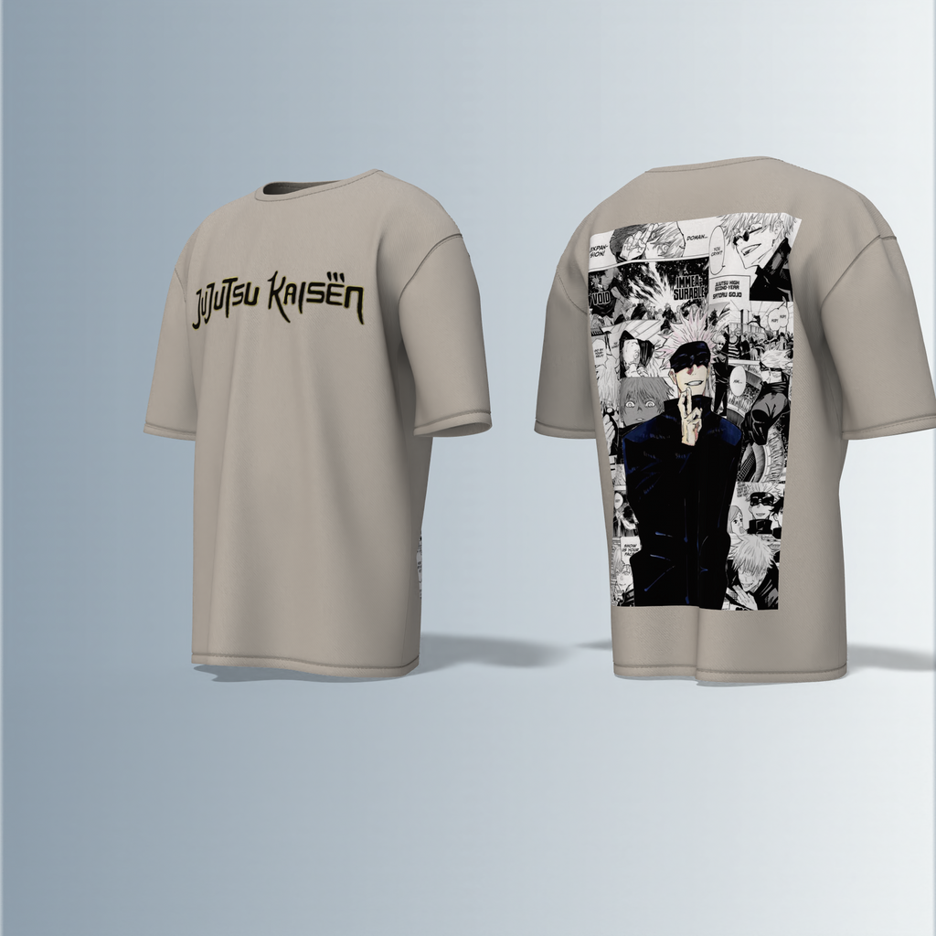"Jujutsu Kaisen Oversized Tee – Front Logo Print & Back Manga Panel Graphic Featuring Satoru Gojo in Iconic Pose"