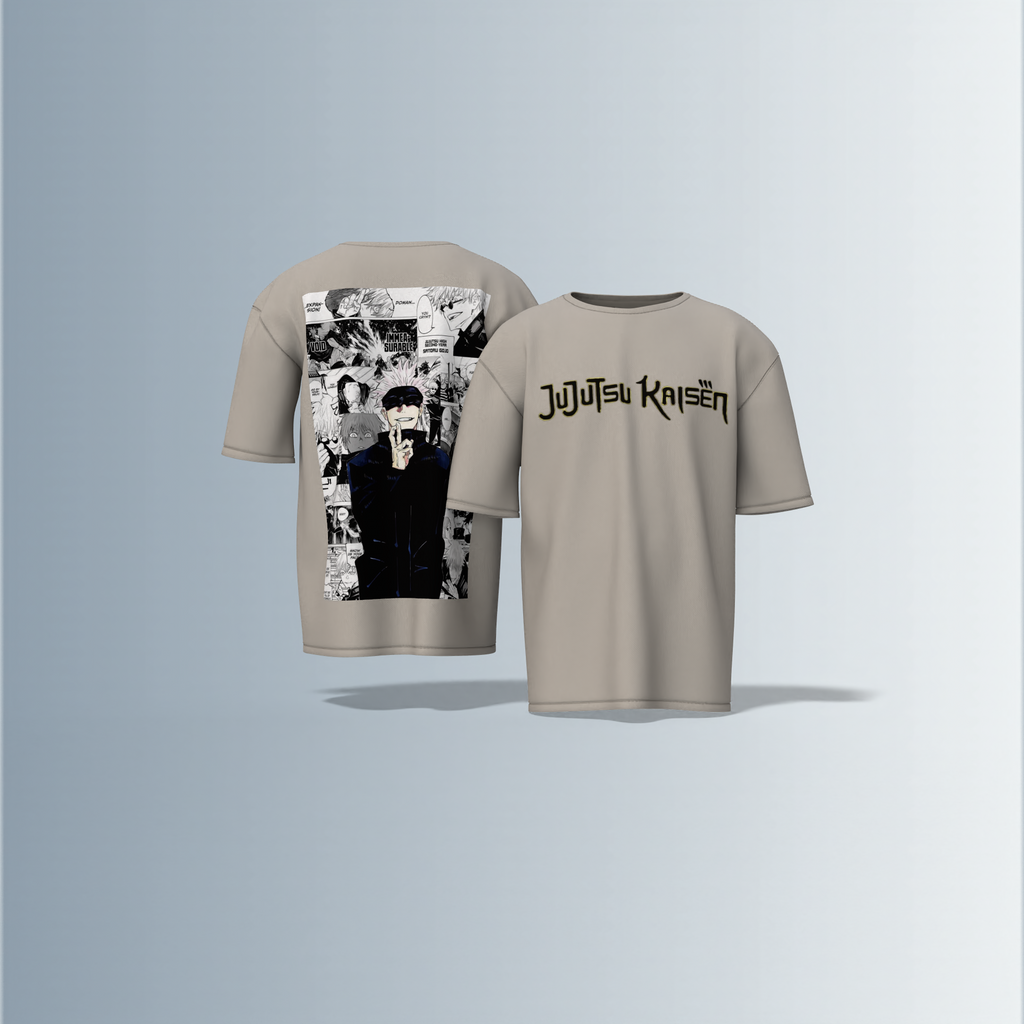 "Jujutsu Kaisen Oversized Tee – Front Logo Print & Back Manga Panel Graphic Featuring Satoru Gojo in Iconic Pose"