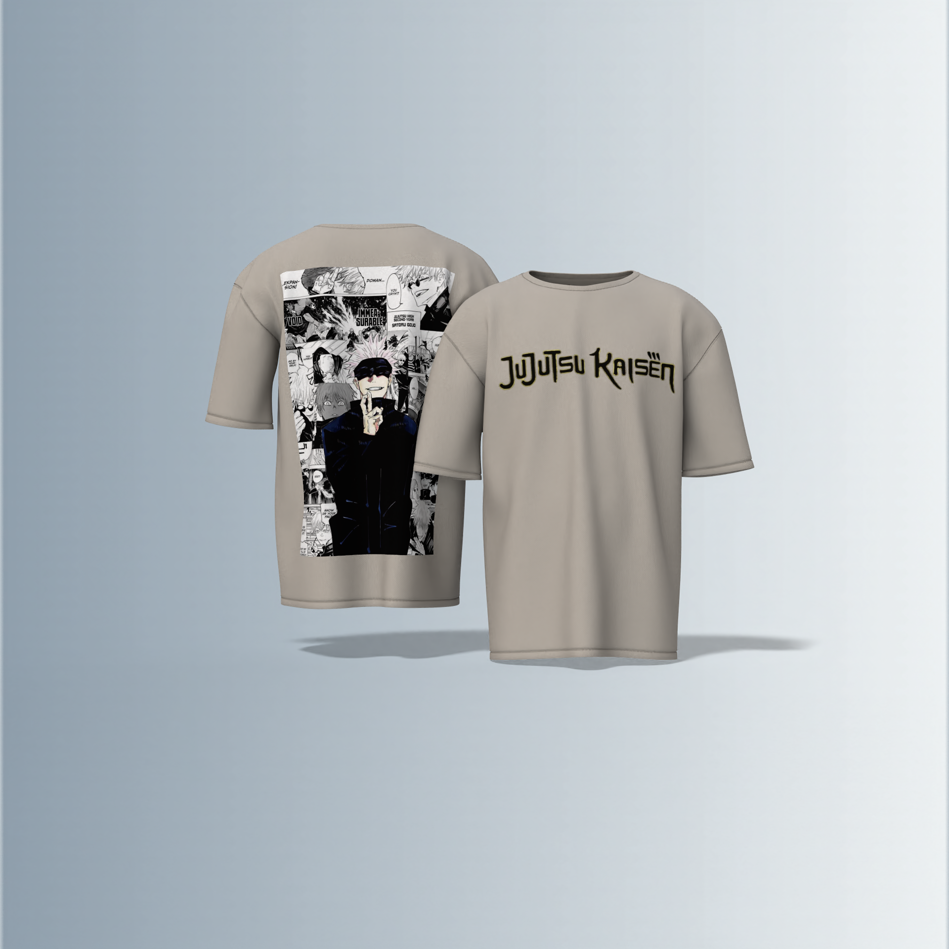 "Jujutsu Kaisen Oversized Tee – Front Logo Print & Back Manga Panel Graphic Featuring Satoru Gojo in Iconic Pose"