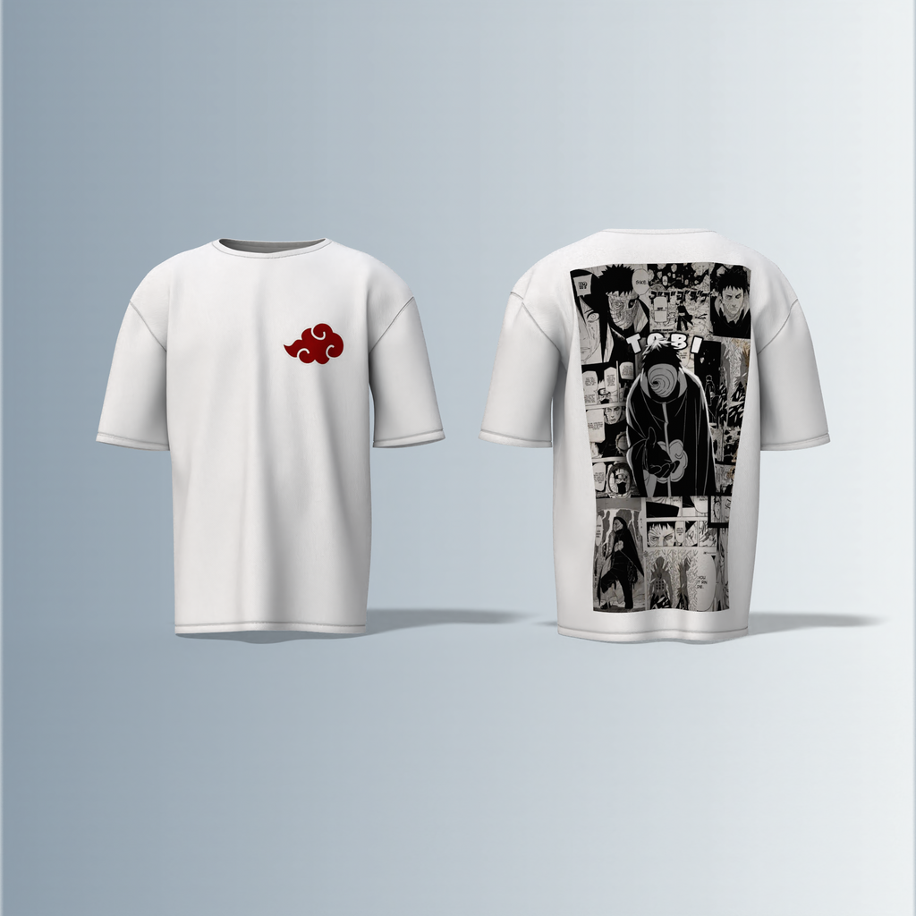 "Akatsuki Manga Panel Oversized Tee – Electric Blue with Red Cloud Chest Emblem & Naruto Villains Back Graphic"