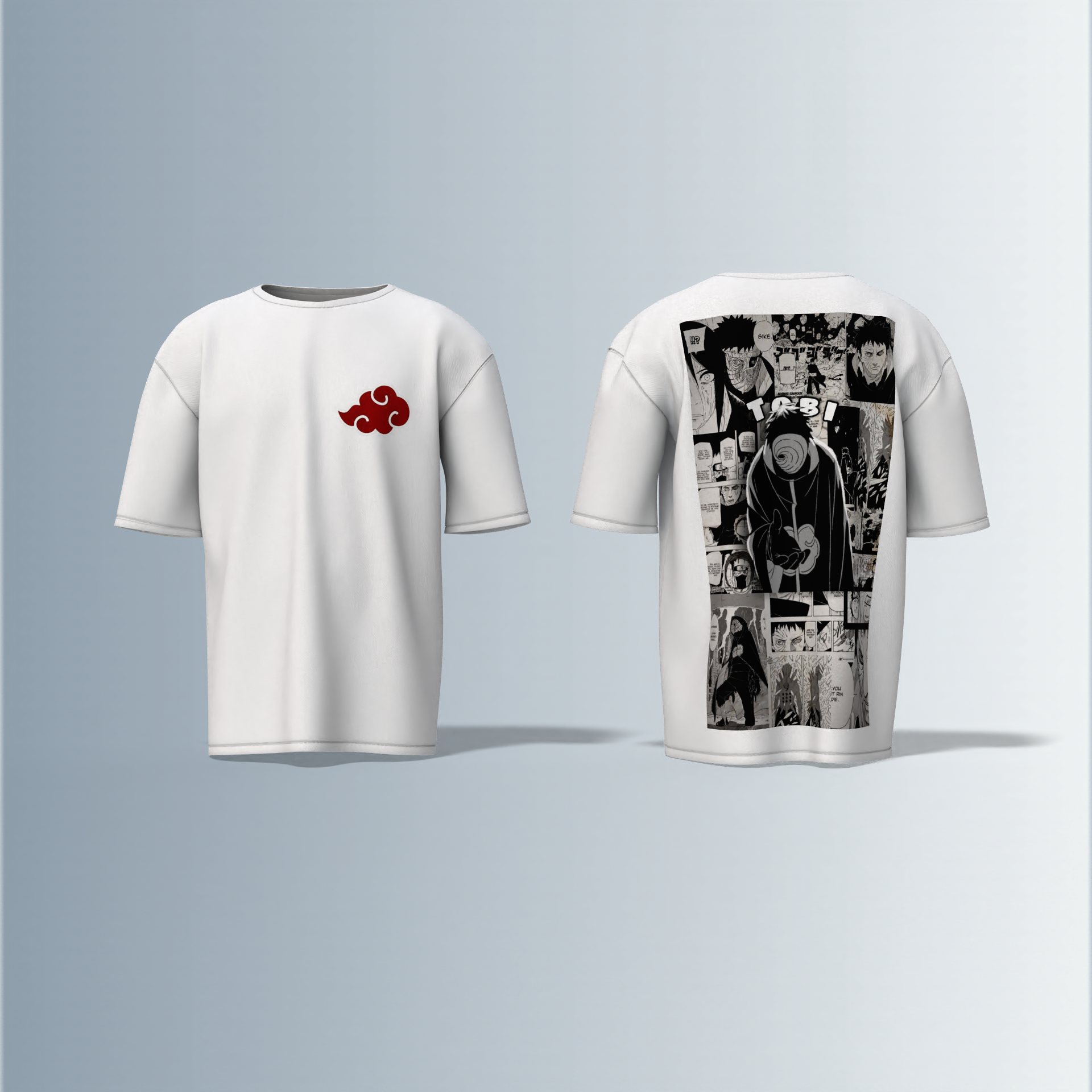 "Akatsuki Manga Panel Oversized Tee – Electric Blue with Red Cloud Chest Emblem & Naruto Villains Back Graphic"