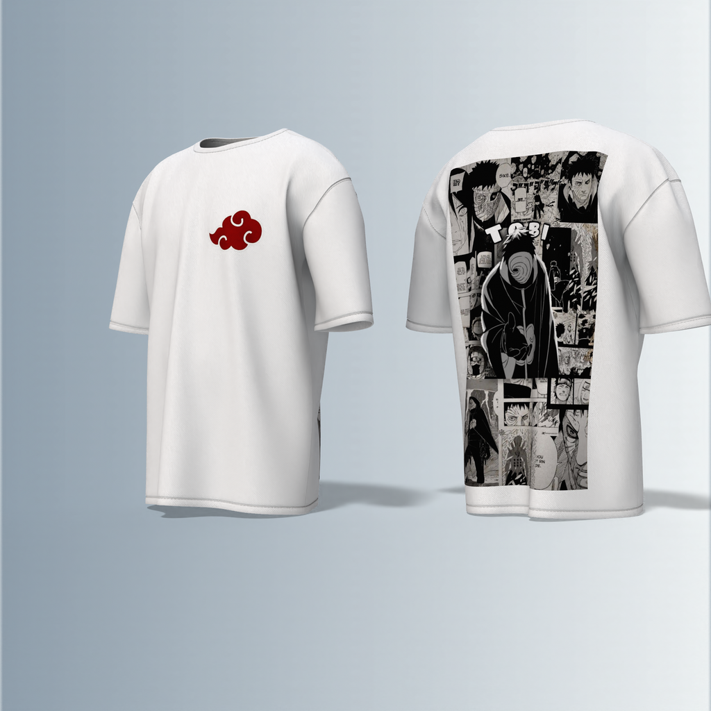 "Akatsuki Manga Panel Oversized Tee – Electric Blue with Red Cloud Chest Emblem & Naruto Villains Back Graphic"