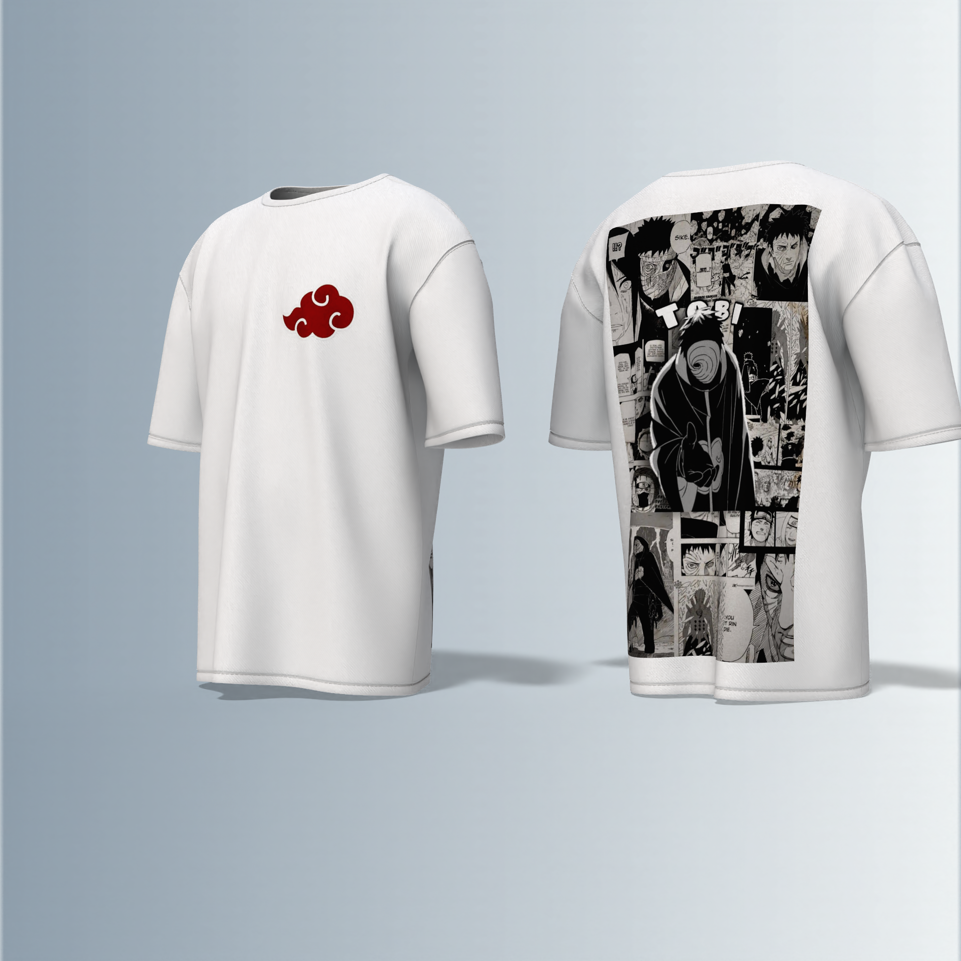 "Akatsuki Manga Panel Oversized Tee – Electric Blue with Red Cloud Chest Emblem & Naruto Villains Back Graphic"
