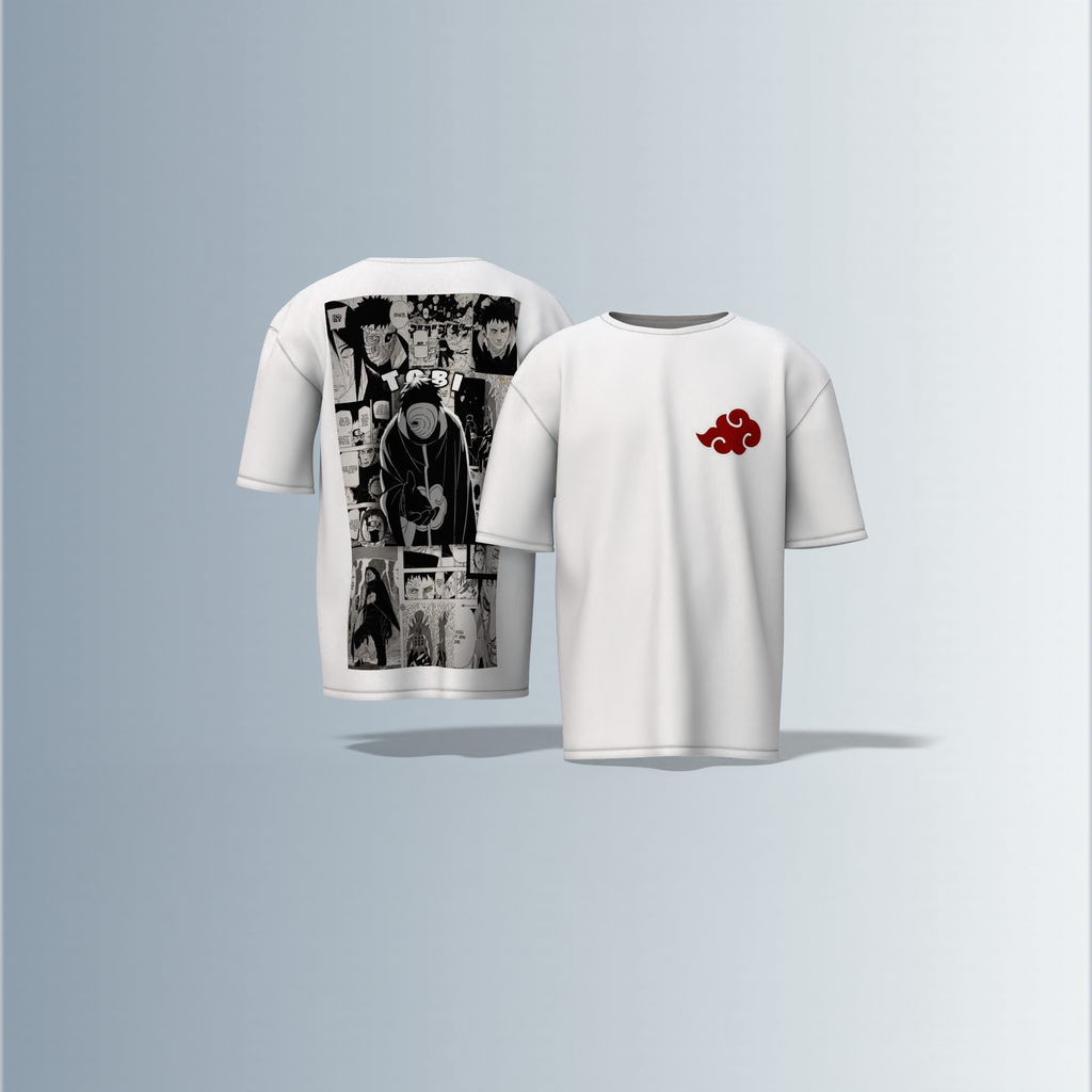 "Akatsuki Manga Panel Oversized Tee – Electric Blue with Red Cloud Chest Emblem & Naruto Villains Back Graphic"