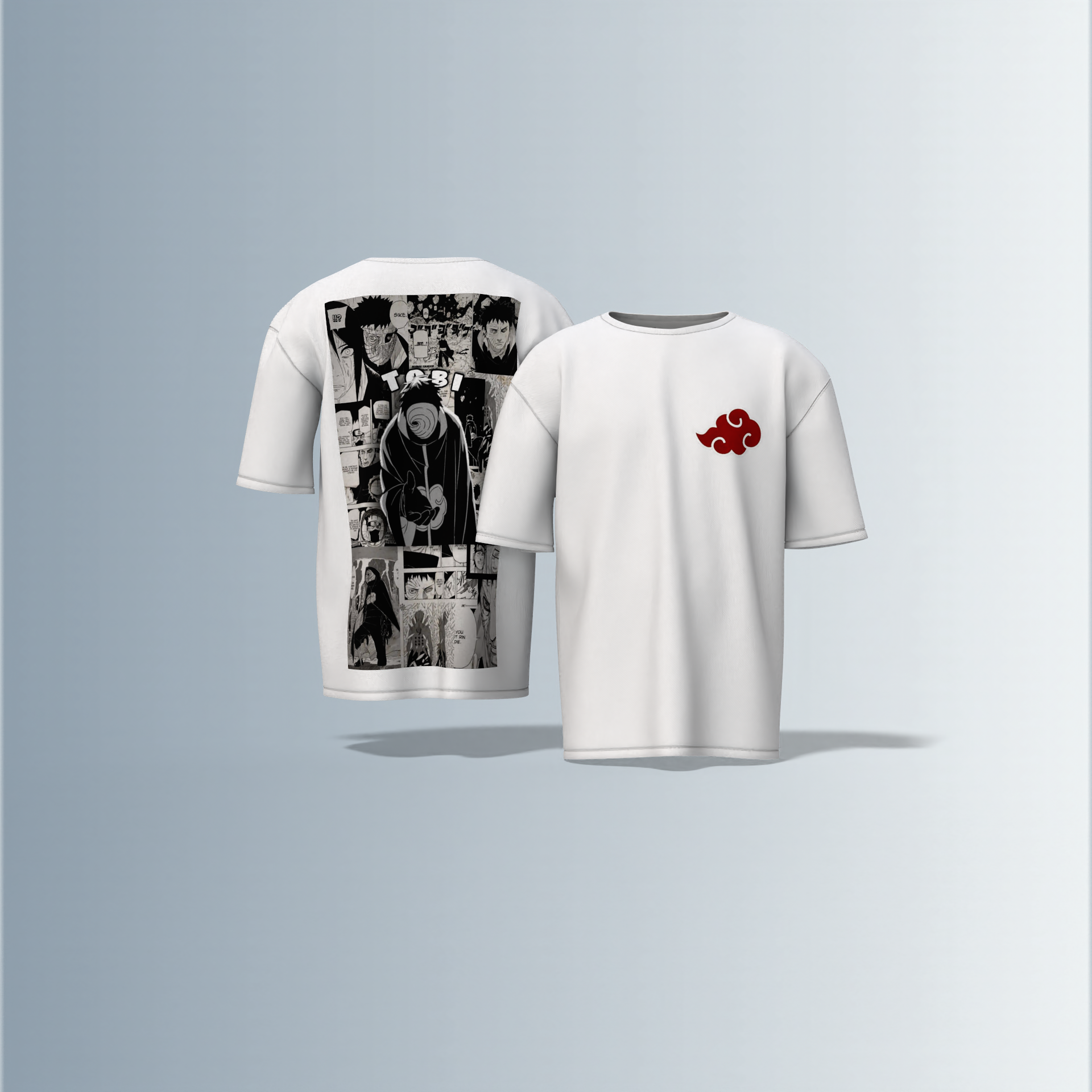 "Akatsuki Manga Panel Oversized Tee – Electric Blue with Red Cloud Chest Emblem & Naruto Villains Back Graphic"