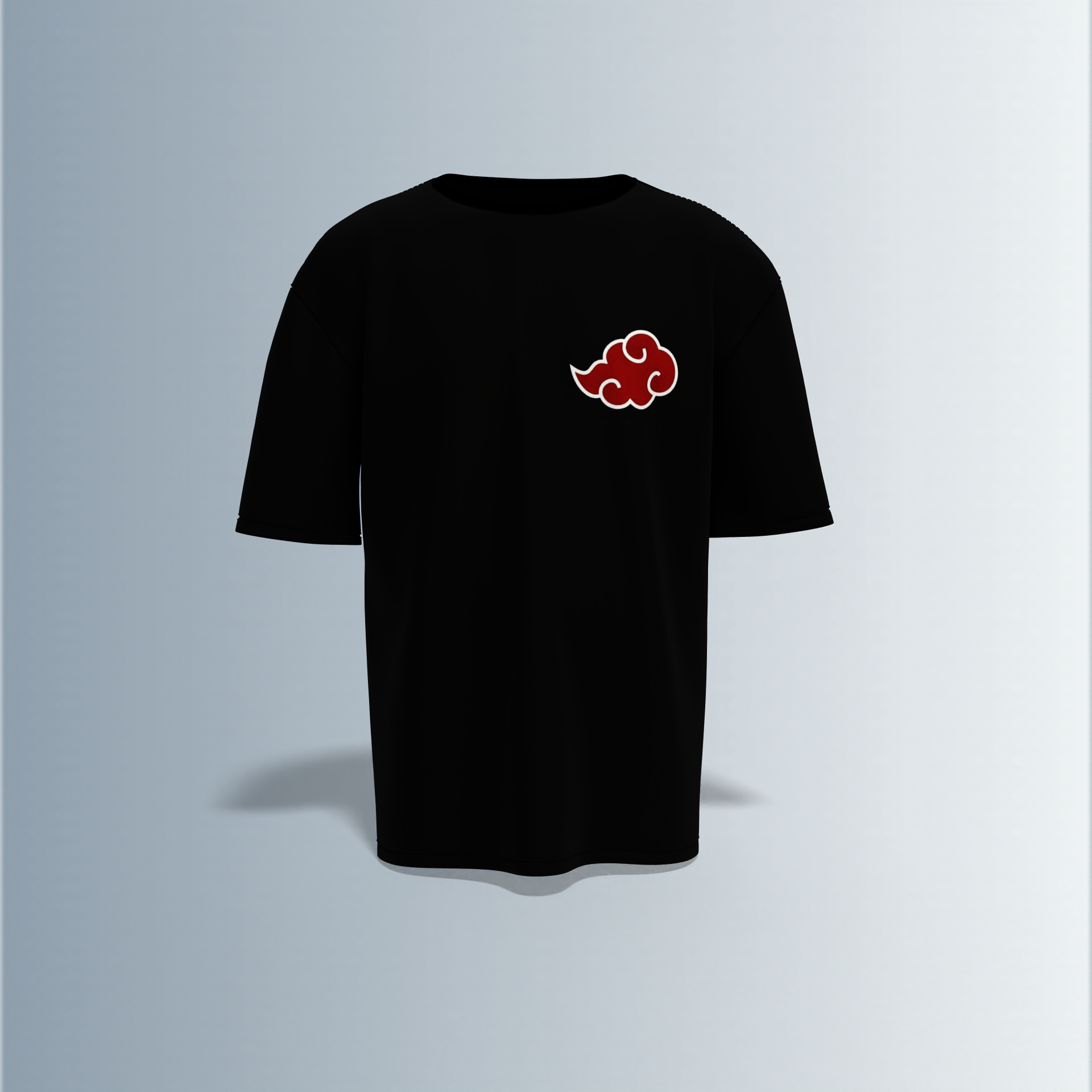 "Akatsuki Manga Panel Oversized Tee – Electric Blue with Red Cloud Chest Emblem & Naruto Villains Back Graphic"