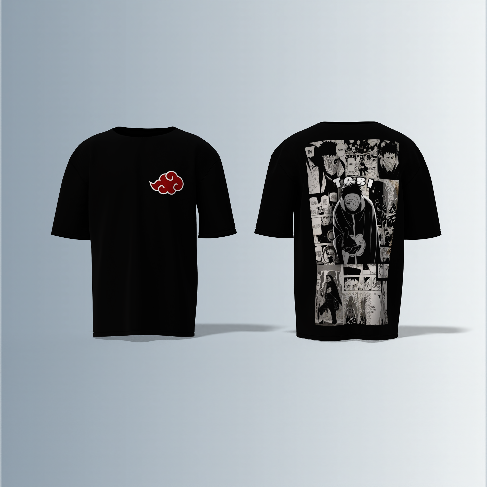 "Akatsuki Manga Panel Oversized Tee – Electric Blue with Red Cloud Chest Emblem & Naruto Villains Back Graphic"