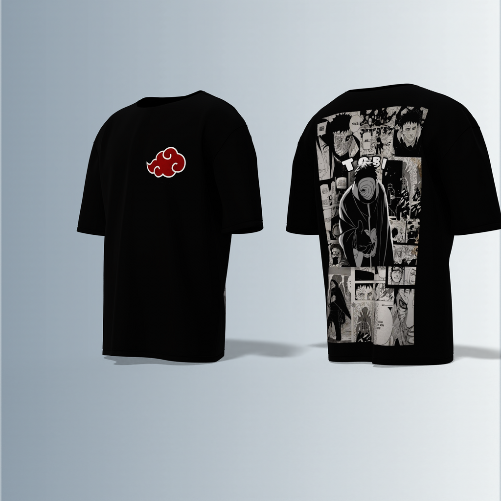"Akatsuki Manga Panel Oversized Tee – Electric Blue with Red Cloud Chest Emblem & Naruto Villains Back Graphic"