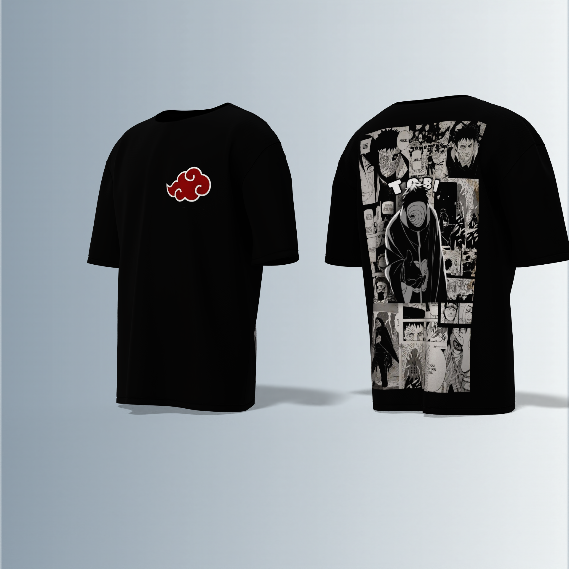 "Akatsuki Manga Panel Oversized Tee – Electric Blue with Red Cloud Chest Emblem & Naruto Villains Back Graphic"
