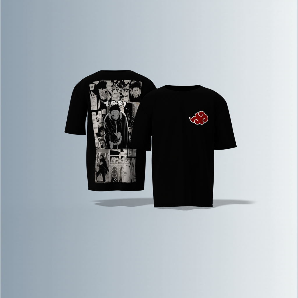 "Akatsuki Manga Panel Oversized Tee – Electric Blue with Red Cloud Chest Emblem & Naruto Villains Back Graphic"