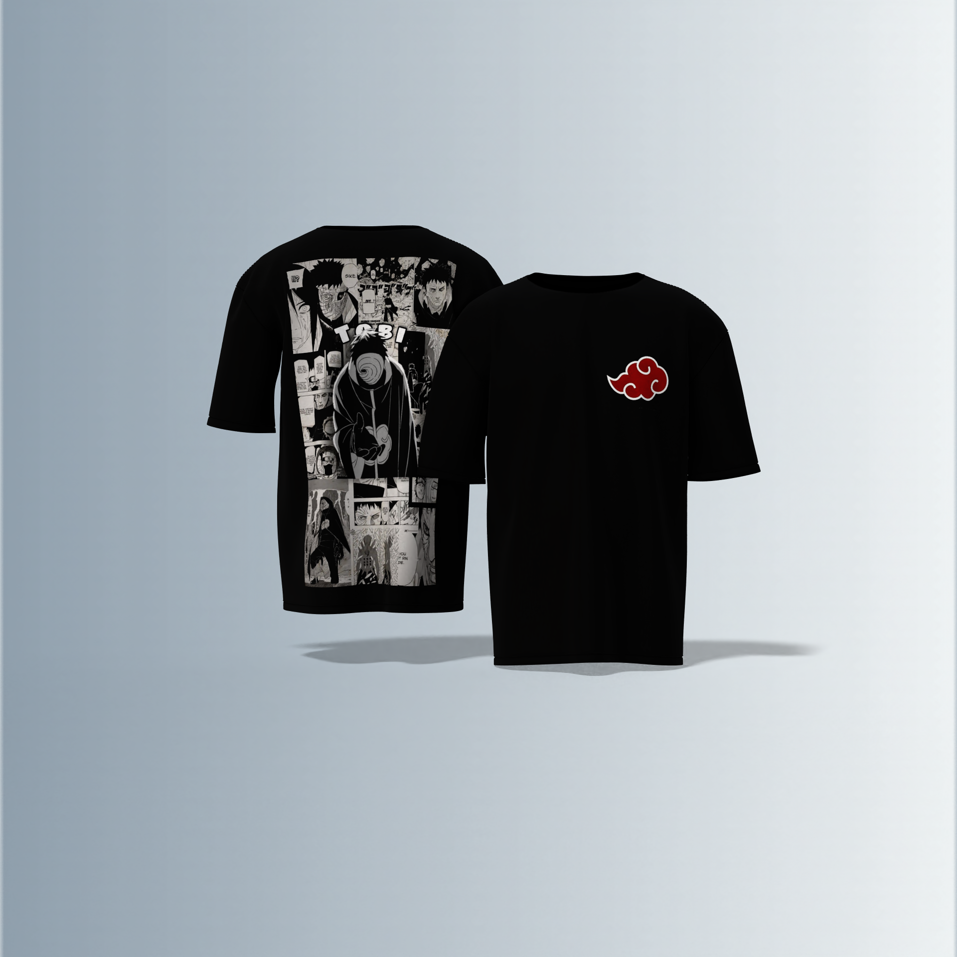 "Akatsuki Manga Panel Oversized Tee – Electric Blue with Red Cloud Chest Emblem & Naruto Villains Back Graphic"