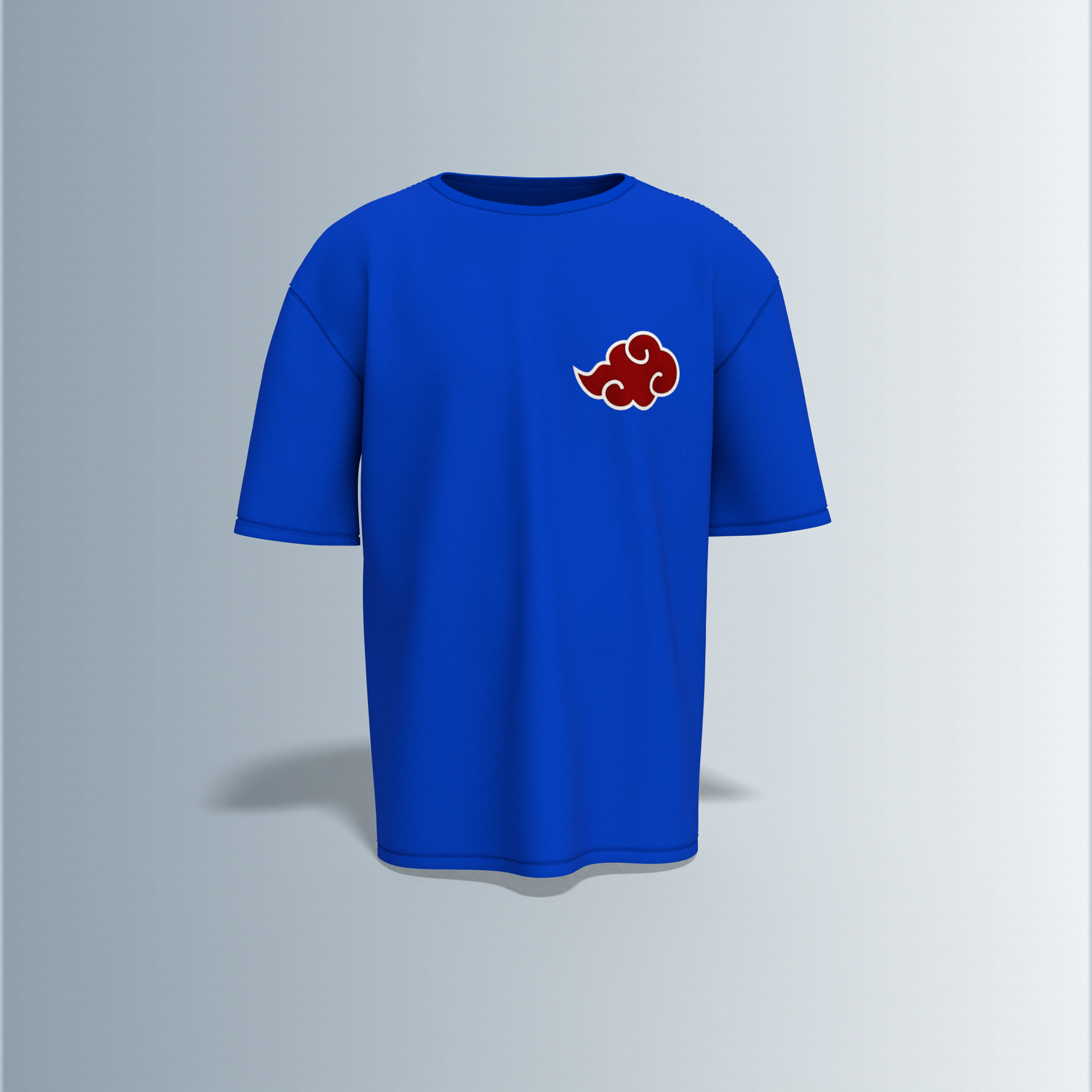 "Akatsuki Manga Panel Oversized Tee – Electric Blue with Red Cloud Chest Emblem & Naruto Villains Back Graphic"