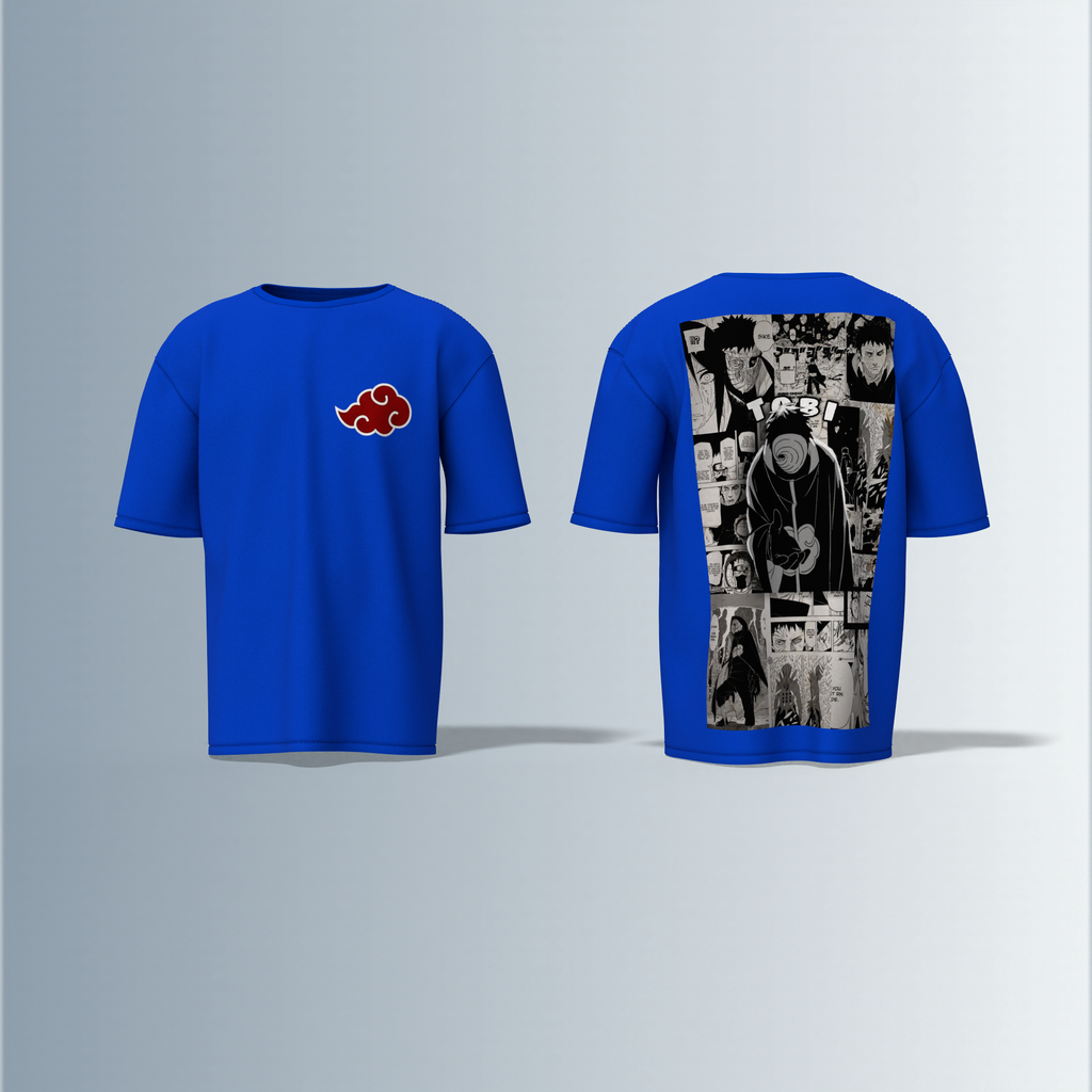 "Akatsuki Manga Panel Oversized Tee – Electric Blue with Red Cloud Chest Emblem & Naruto Villains Back Graphic"
