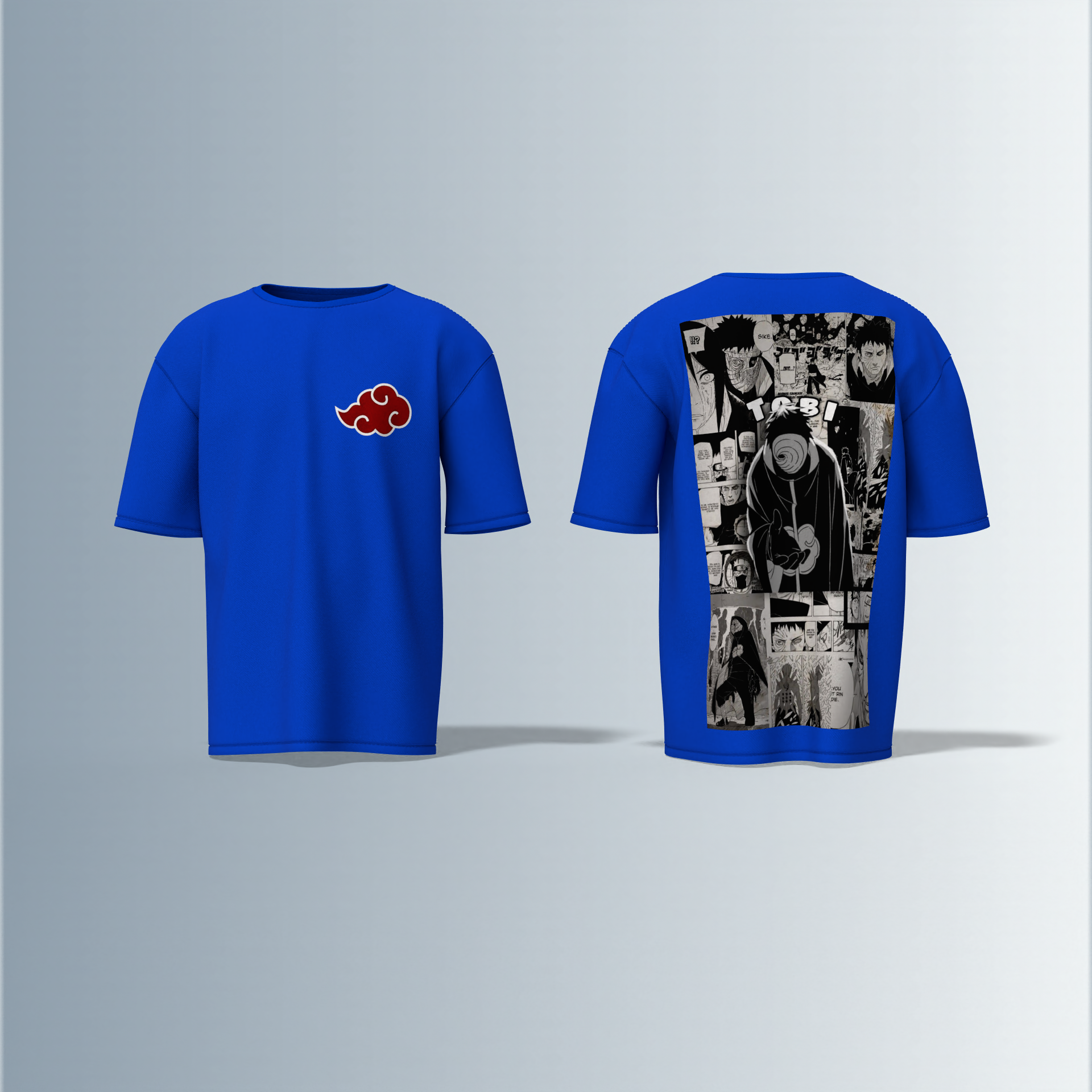 "Akatsuki Manga Panel Oversized Tee – Electric Blue with Red Cloud Chest Emblem & Naruto Villains Back Graphic"