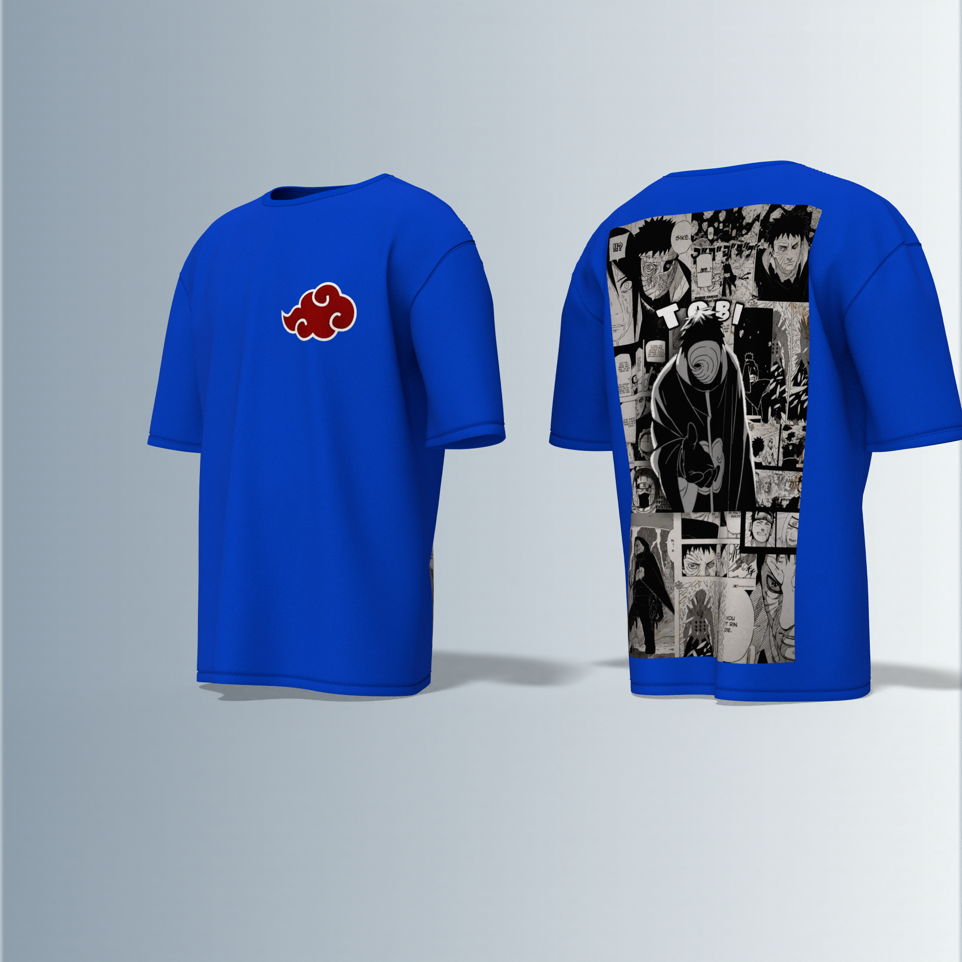 "Akatsuki Manga Panel Oversized Tee – Electric Blue with Red Cloud Chest Emblem & Naruto Villains Back Graphic"
