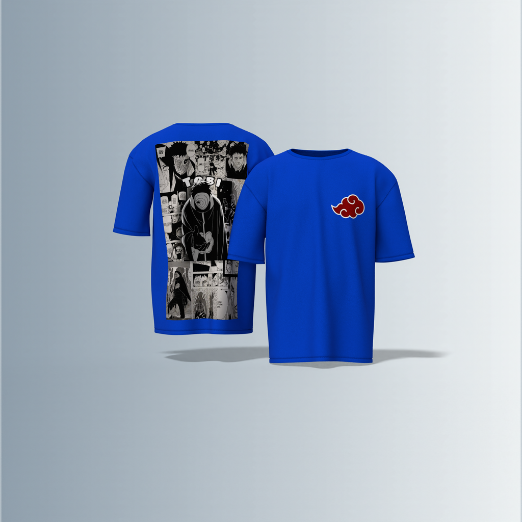 "Akatsuki Manga Panel Oversized Tee – Electric Blue with Red Cloud Chest Emblem & Naruto Villains Back Graphic"