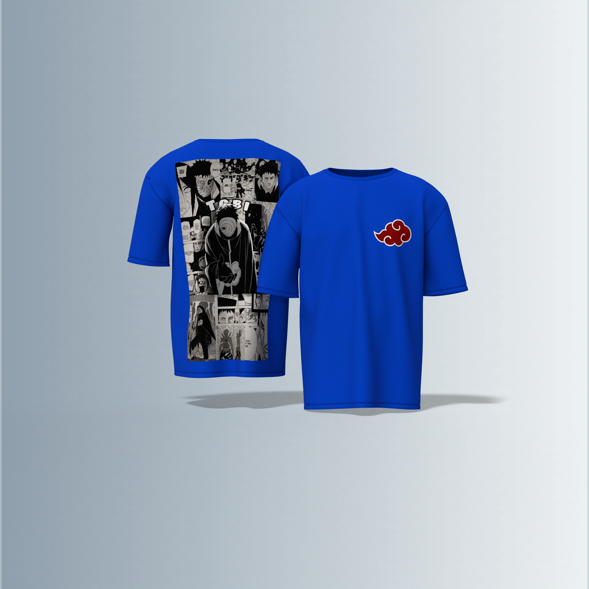 "Akatsuki Manga Panel Oversized Tee – Electric Blue with Red Cloud Chest Emblem & Naruto Villains Back Graphic"
