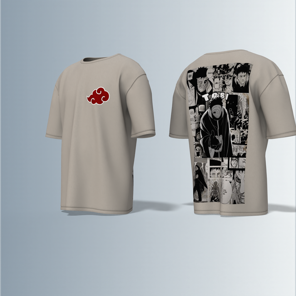 "Akatsuki Manga Panel Oversized Tee – Electric Blue with Red Cloud Chest Emblem & Naruto Villains Back Graphic"