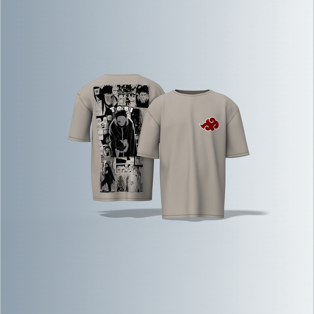 "Akatsuki Manga Panel Oversized Tee – Electric Blue with Red Cloud Chest Emblem & Naruto Villains Back Graphic"