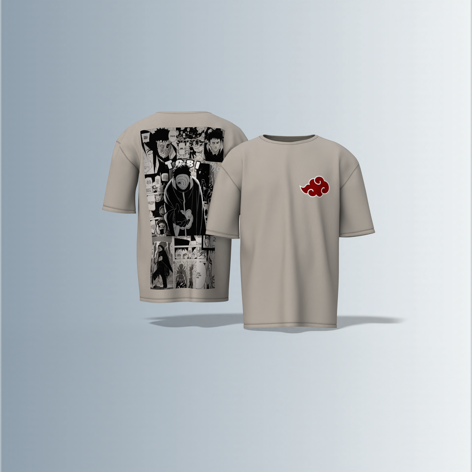 "Akatsuki Manga Panel Oversized Tee – Electric Blue with Red Cloud Chest Emblem & Naruto Villains Back Graphic"