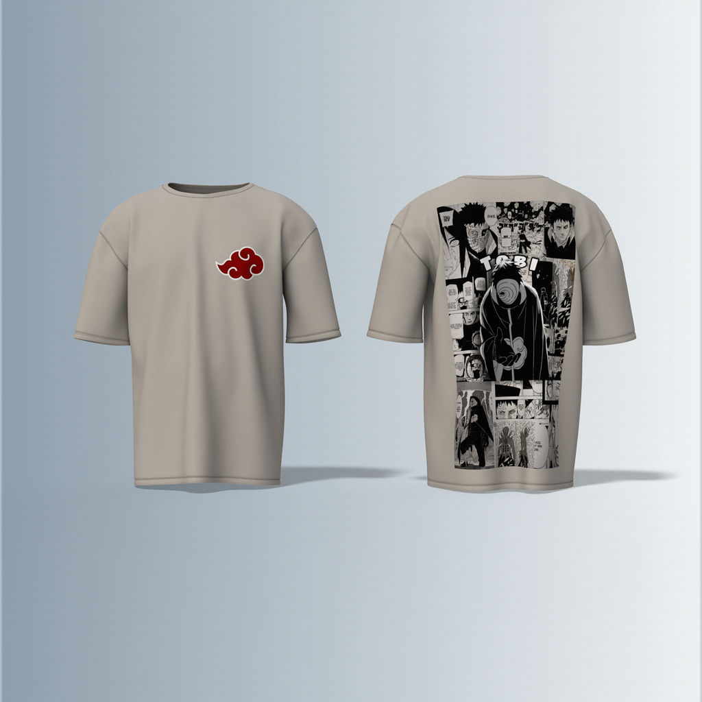 "Akatsuki Manga Panel Oversized Tee – Electric Blue with Red Cloud Chest Emblem & Naruto Villains Back Graphic"