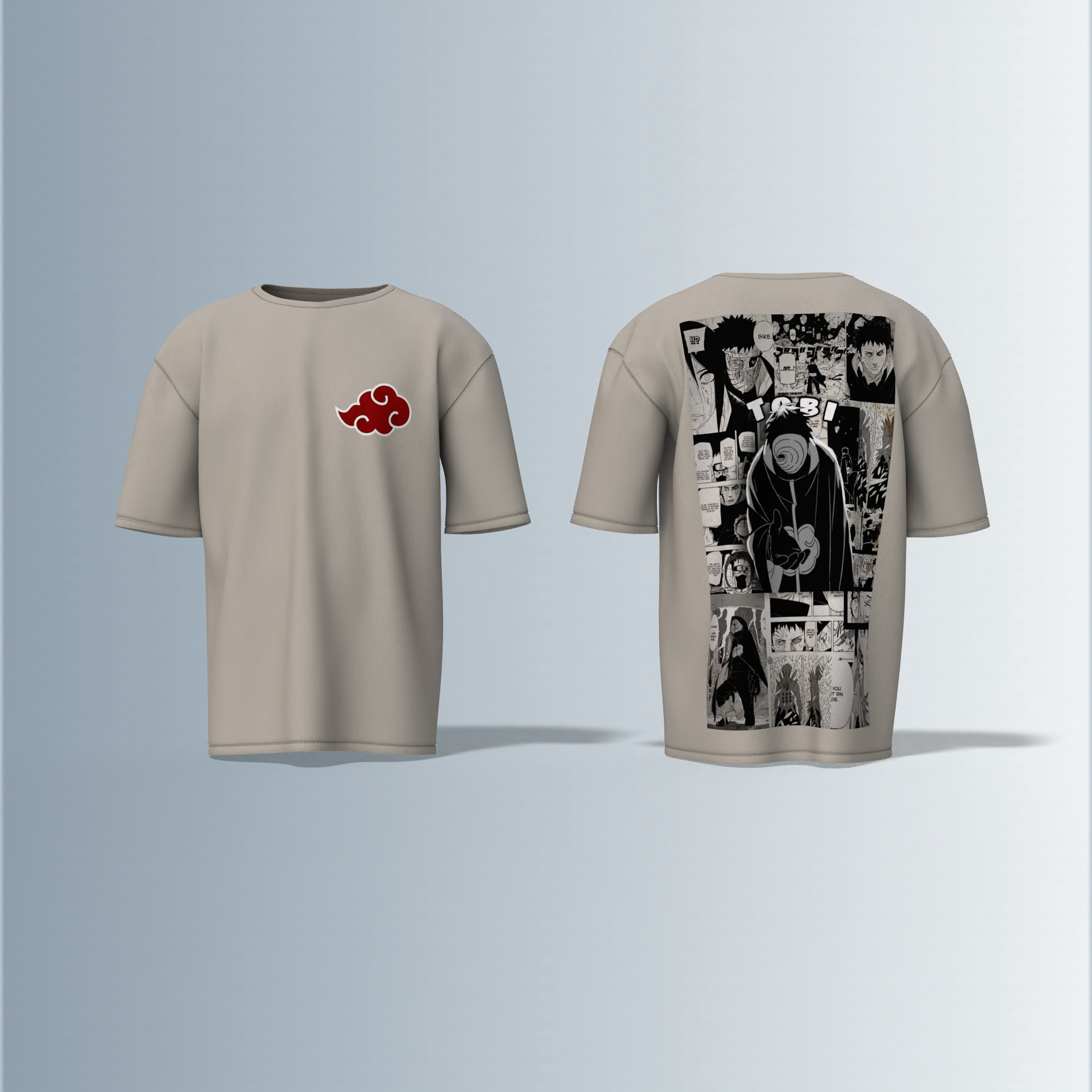"Akatsuki Manga Panel Oversized Tee – Electric Blue with Red Cloud Chest Emblem & Naruto Villains Back Graphic"