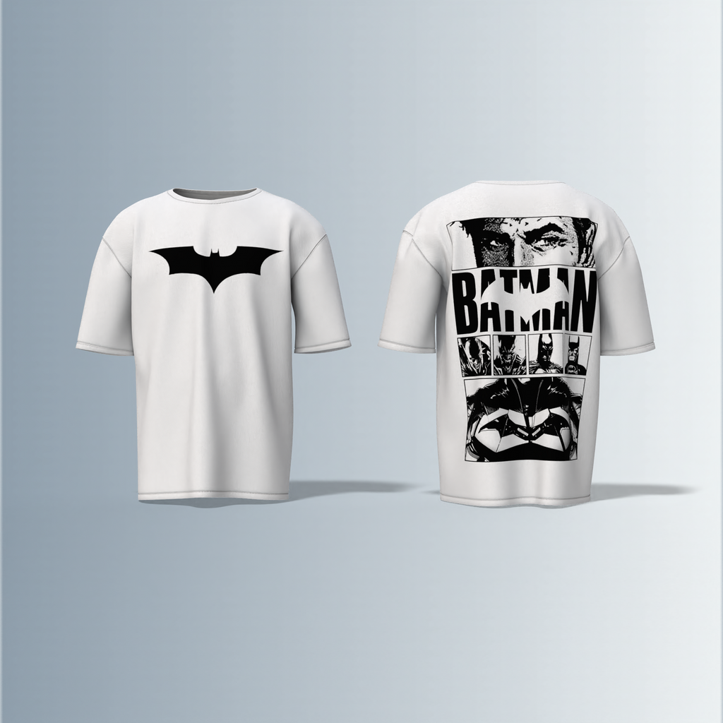"Batman Oversized Tee – Bold Bat Emblem Front & Comic Strip Back Print Featuring Dark Knight Graphic Panels"
