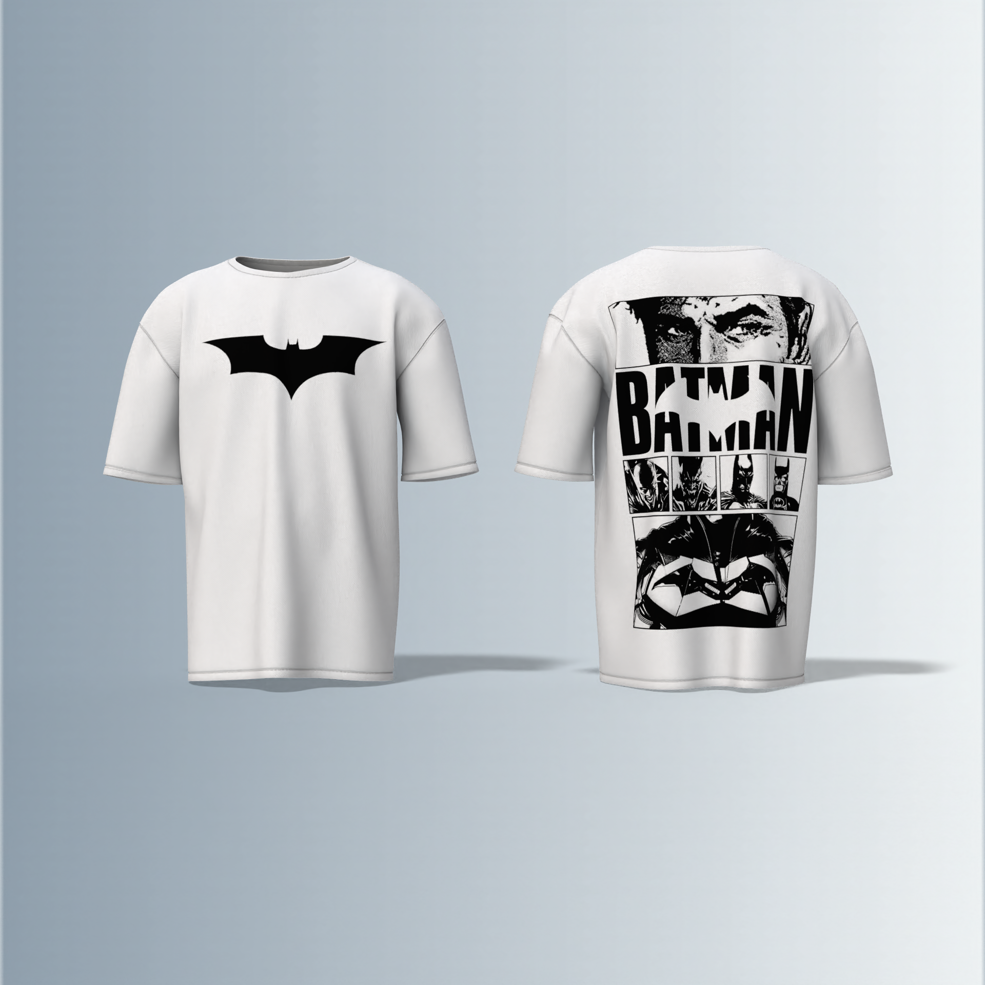 "Batman Oversized Tee – Bold Bat Emblem Front & Comic Strip Back Print Featuring Dark Knight Graphic Panels"
