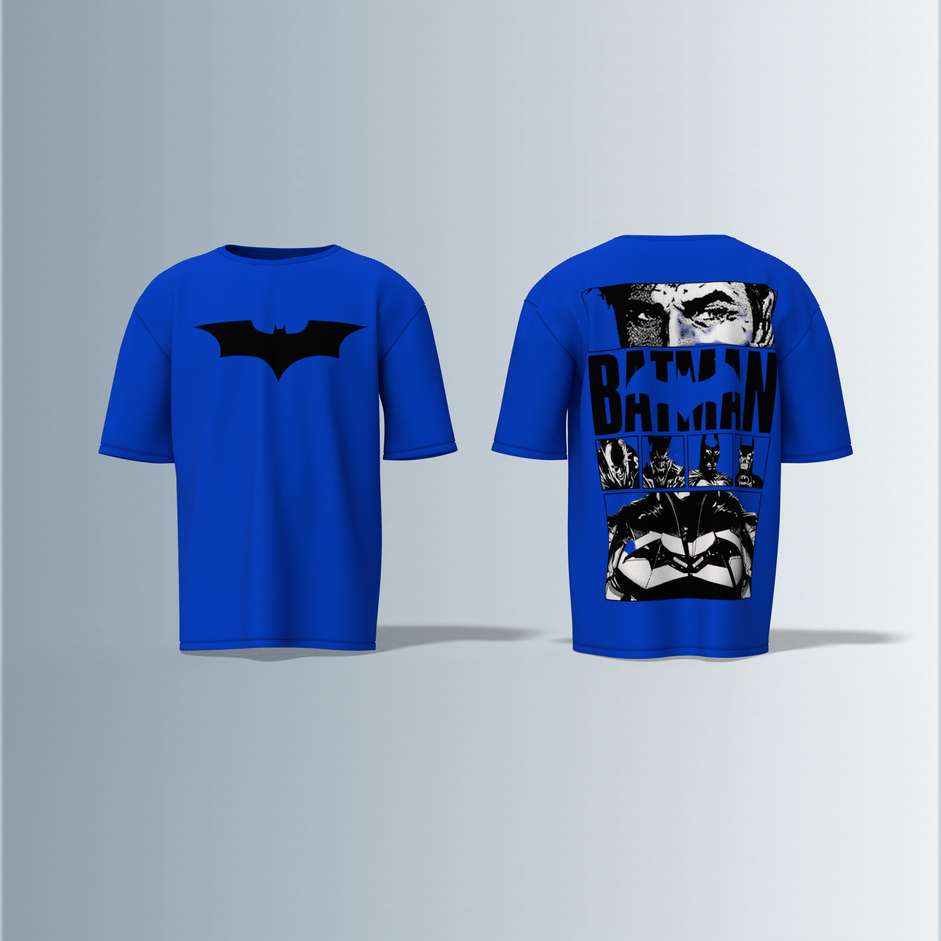 "Batman Oversized Tee – Bold Bat Emblem Front & Comic Strip Back Print Featuring Dark Knight Graphic Panels"