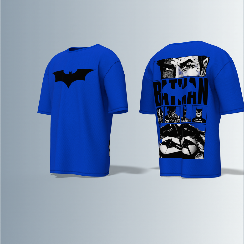 "Batman Oversized Tee – Bold Bat Emblem Front & Comic Strip Back Print Featuring Dark Knight Graphic Panels"