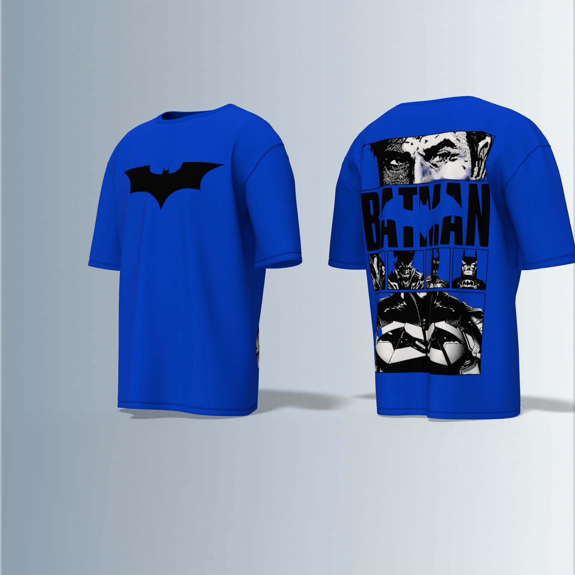 "Batman Oversized Tee – Bold Bat Emblem Front & Comic Strip Back Print Featuring Dark Knight Graphic Panels"