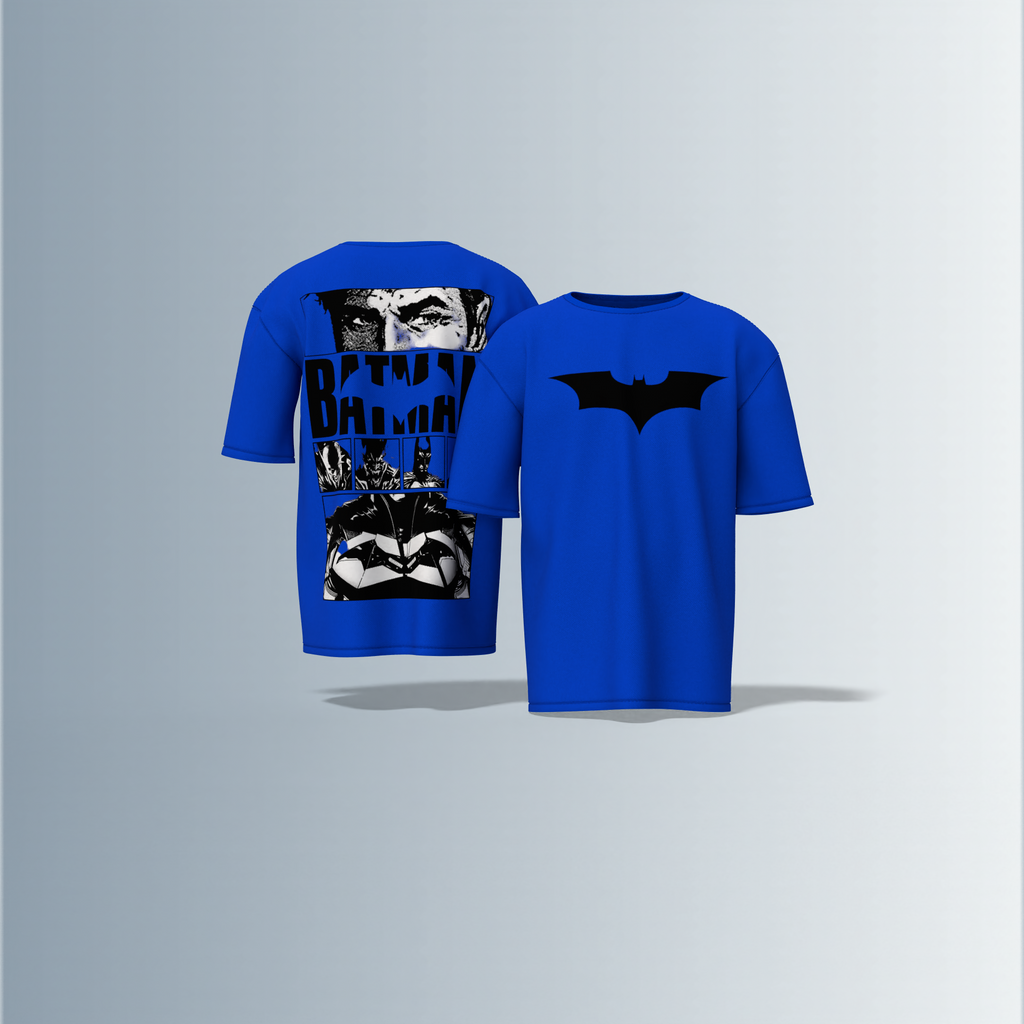 "Batman Oversized Tee – Bold Bat Emblem Front & Comic Strip Back Print Featuring Dark Knight Graphic Panels"